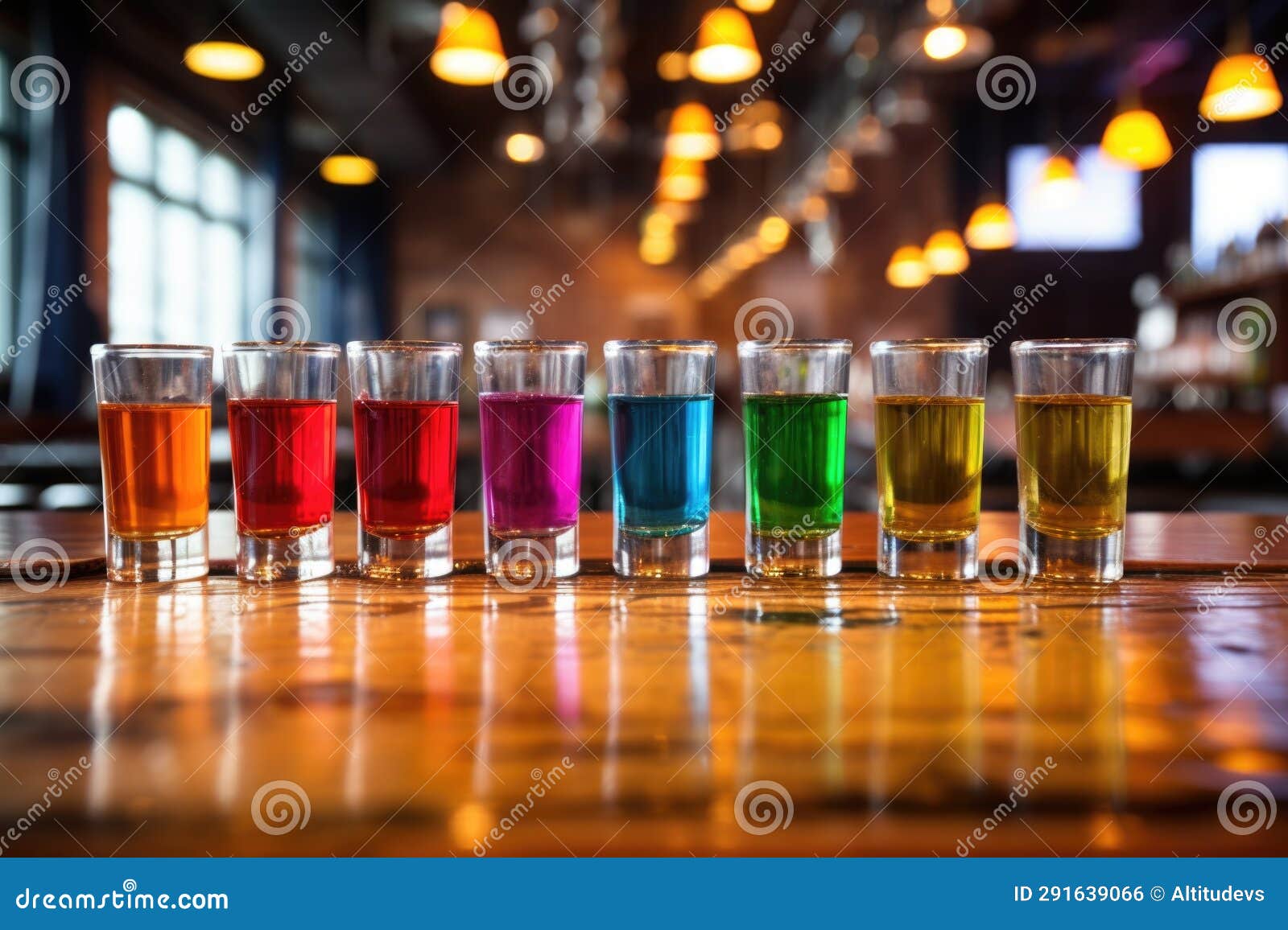 A Round of Multicolored Shots Lined Up on a Bar Stock Photo Image of