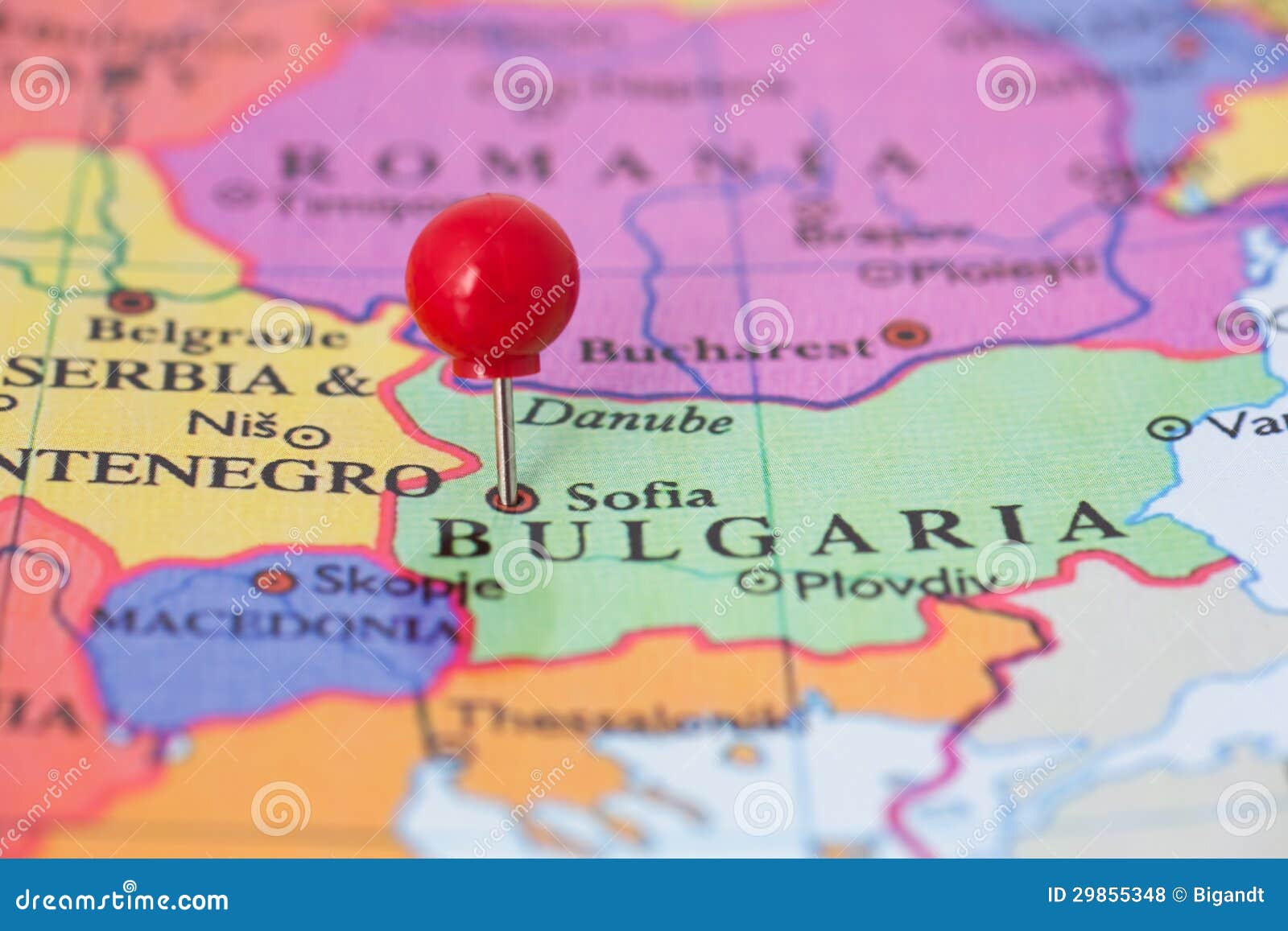 red pushpin on map of bulgaria