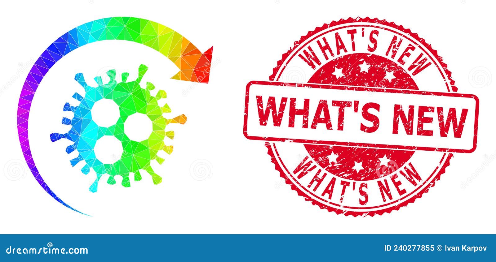 round rubber what's new badge with  lowpoly virus return icon with spectrum gradient