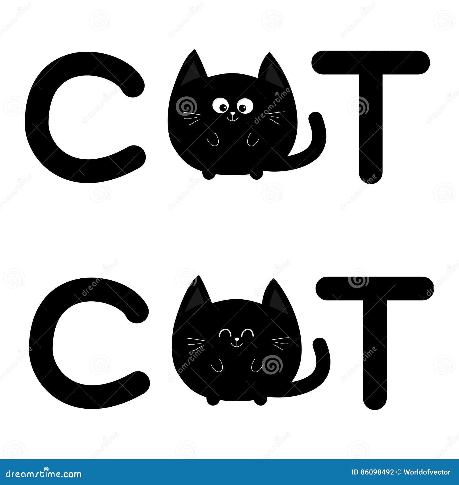 round  black cat text icon set. lettering. cute cartoon character. kawaii animal. big tail, whisker, eyes. happy emotion. kit