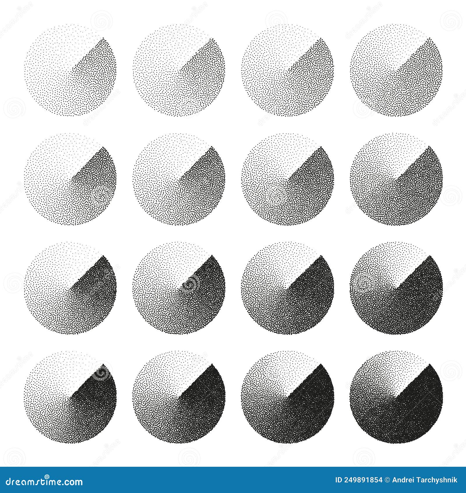 Round Shaped Dotted Objects, Stipple Elements. Fading Gradient