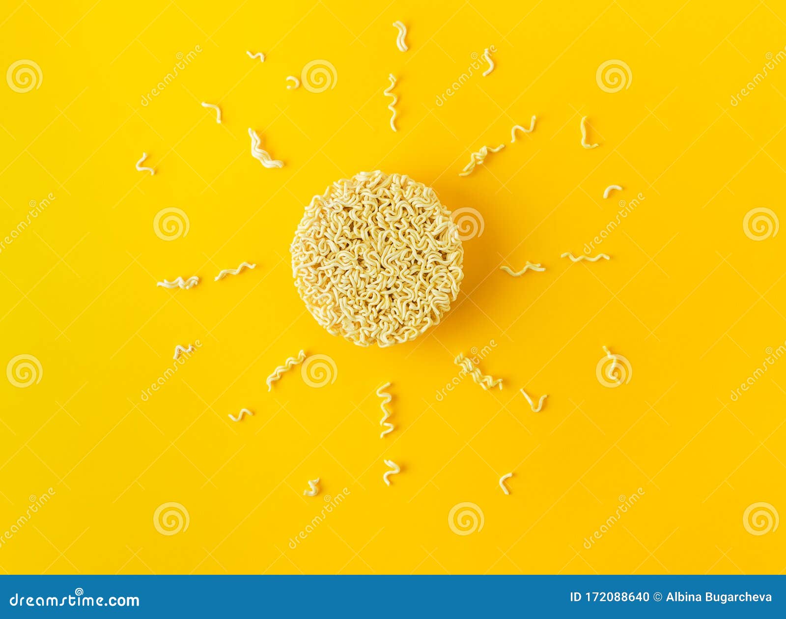 Download Round Shaped Dry Instant Noodle Block On Vibrant Yellow Background. Mockup Sun. Flat Layout ...