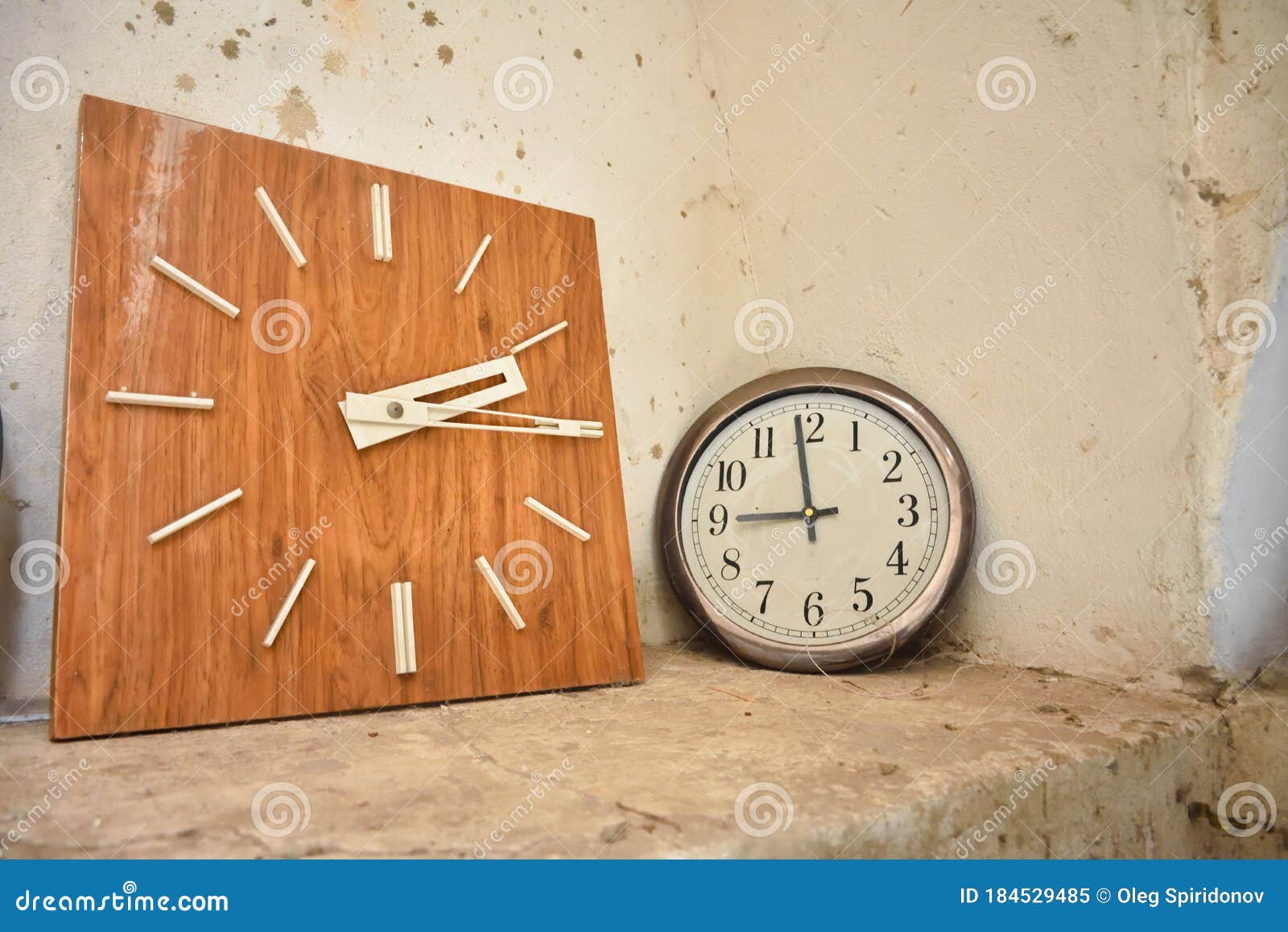 Round and Square Clocks Against the Wall, Two Clock Dials, Clock Dial, Many Wall Clocks, Two Old