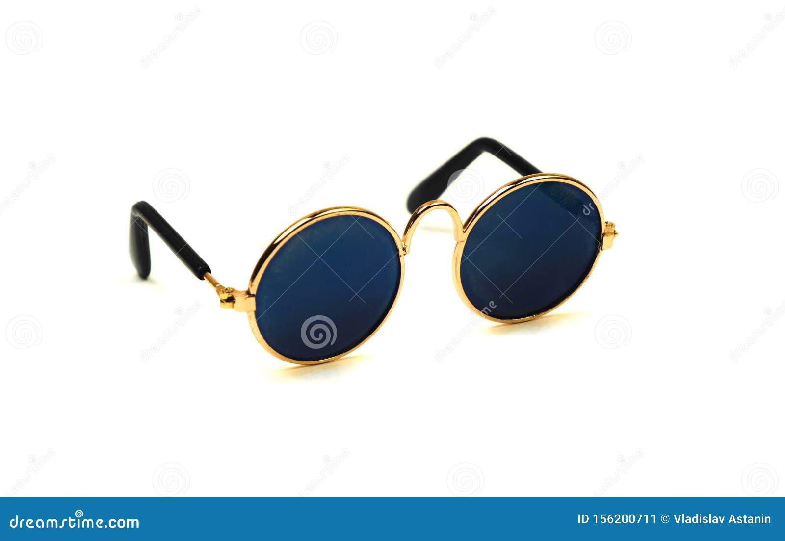 Round Sunglasses with Blue Glass Isolated on White Background Stock