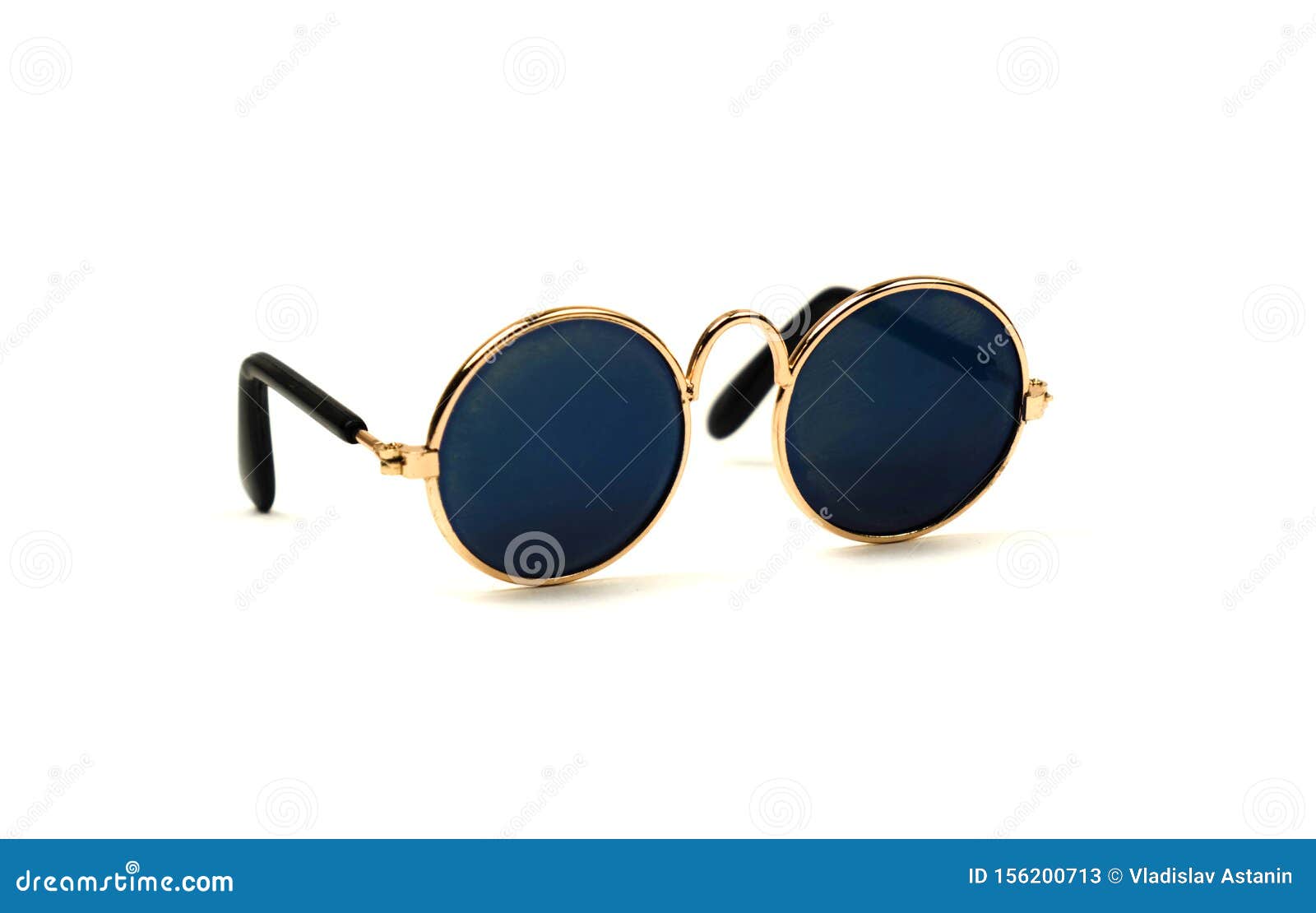 Round Sunglasses with Blue Glass Isolated on White Background Stock
