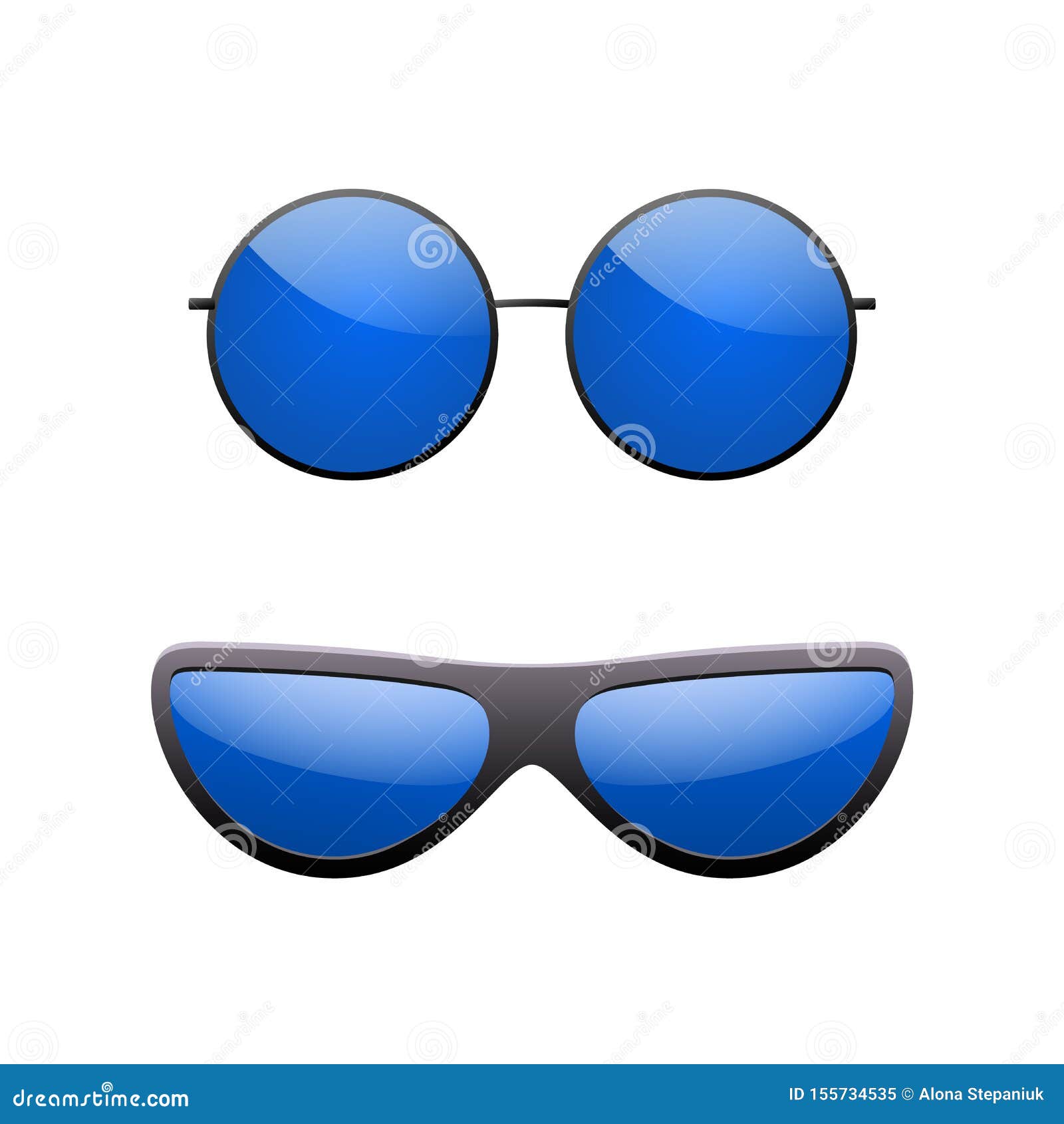 Round Sunglasses 3D Set. Summer Sunglass Shade Isolated White Background.  Fun Color Sun Glass Stock Vector - Illustration of frame, blue: 155734535