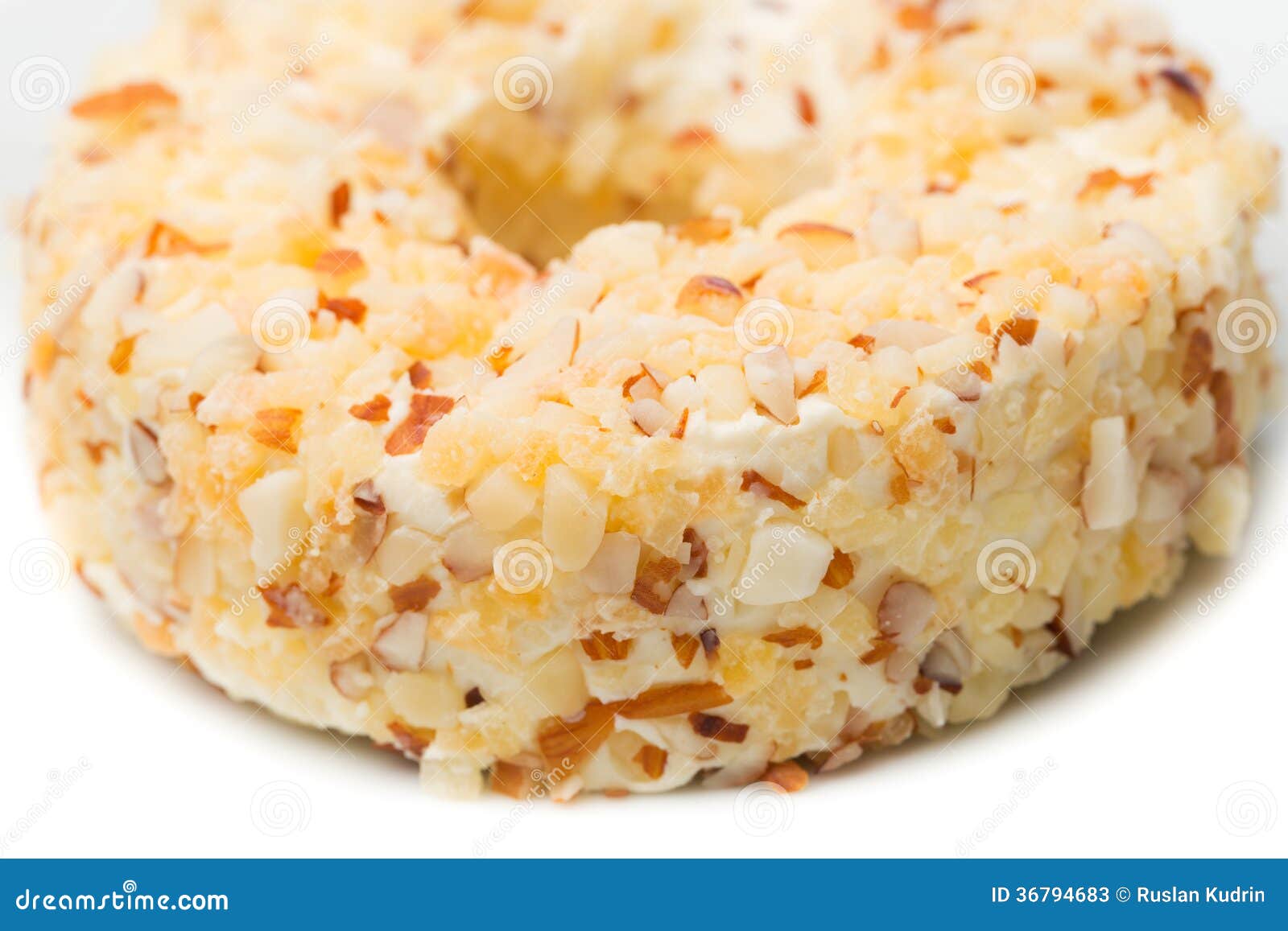 Round Sweet Dessert Cheese with Nuts and Pineapple Closeup Stock Image