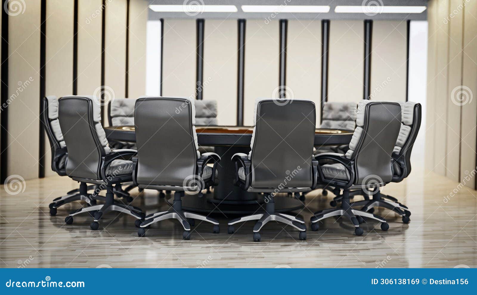 Round Table and Chairs Inside Boardroom. 3D Illustration Stock