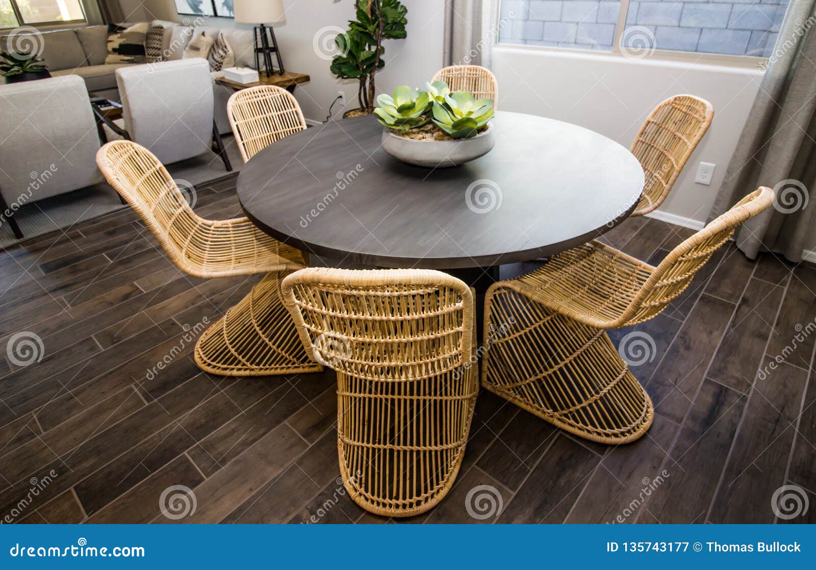 Round Table with Six Wicker Chairs Stock Image Image of shade, grain