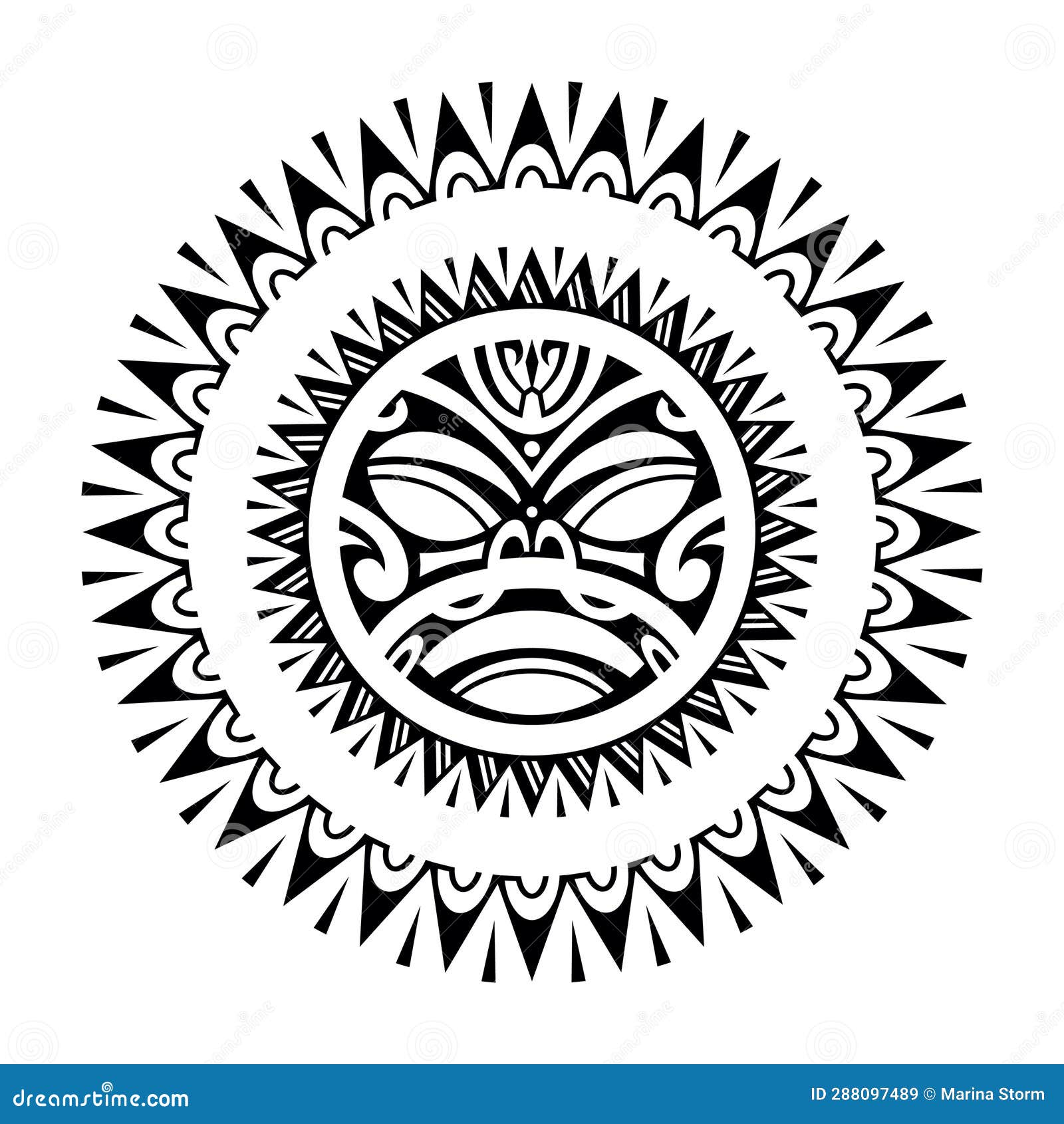 Round Tattoo Ornament with Sun Face Maori Style. African, Aztecs or ...