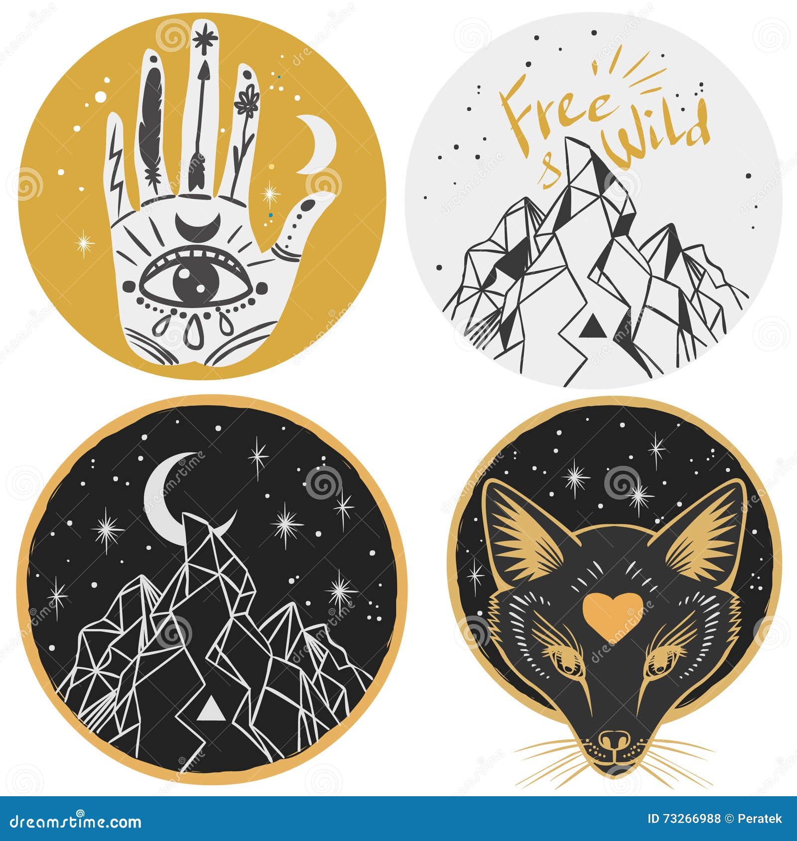 Round templates with mountains, fox head, hand, moon. Vector illustrations in boho style for stickers, t-shirt design and other