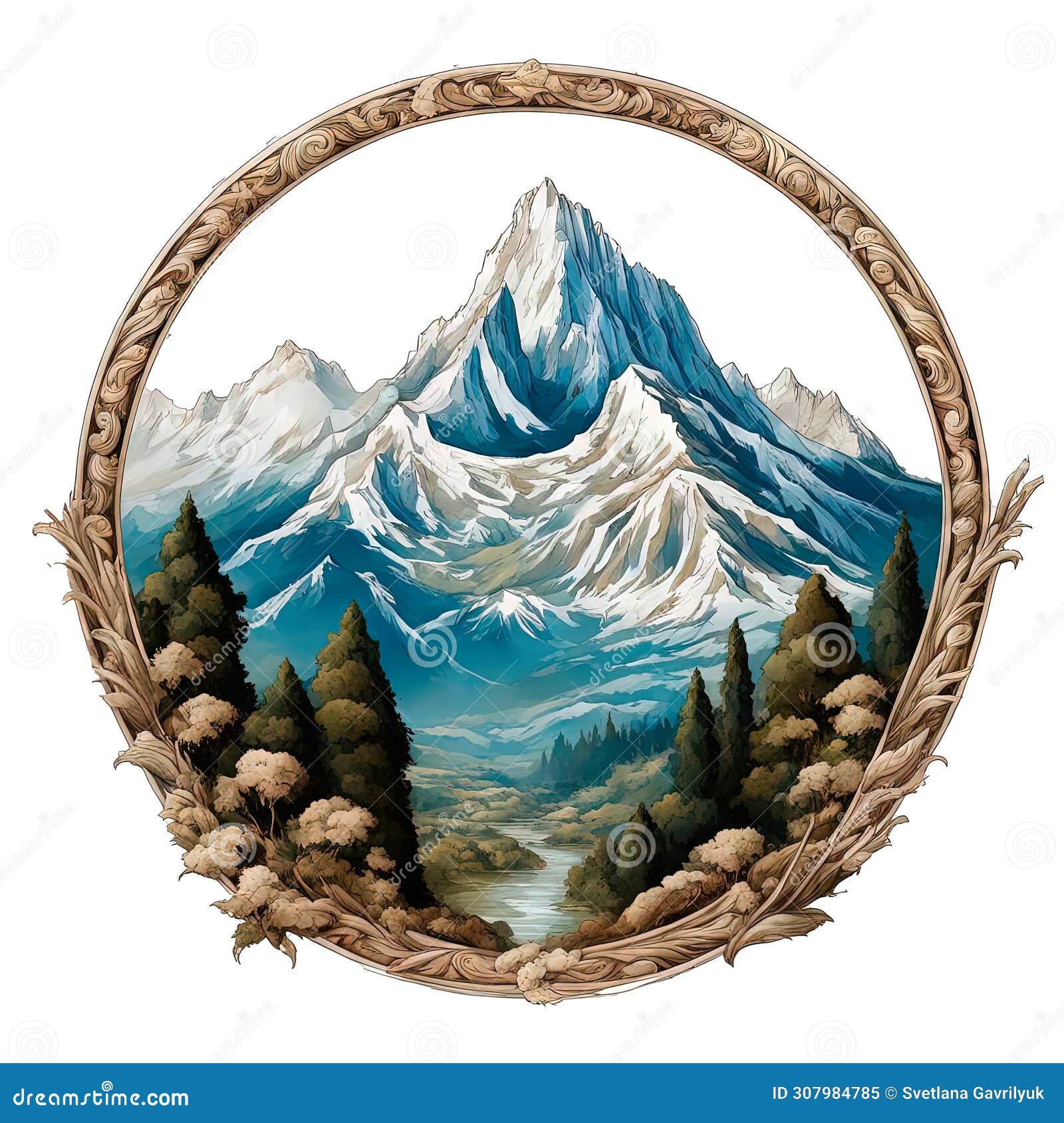 a round tondo emblem on a white background  with a mountain landscape