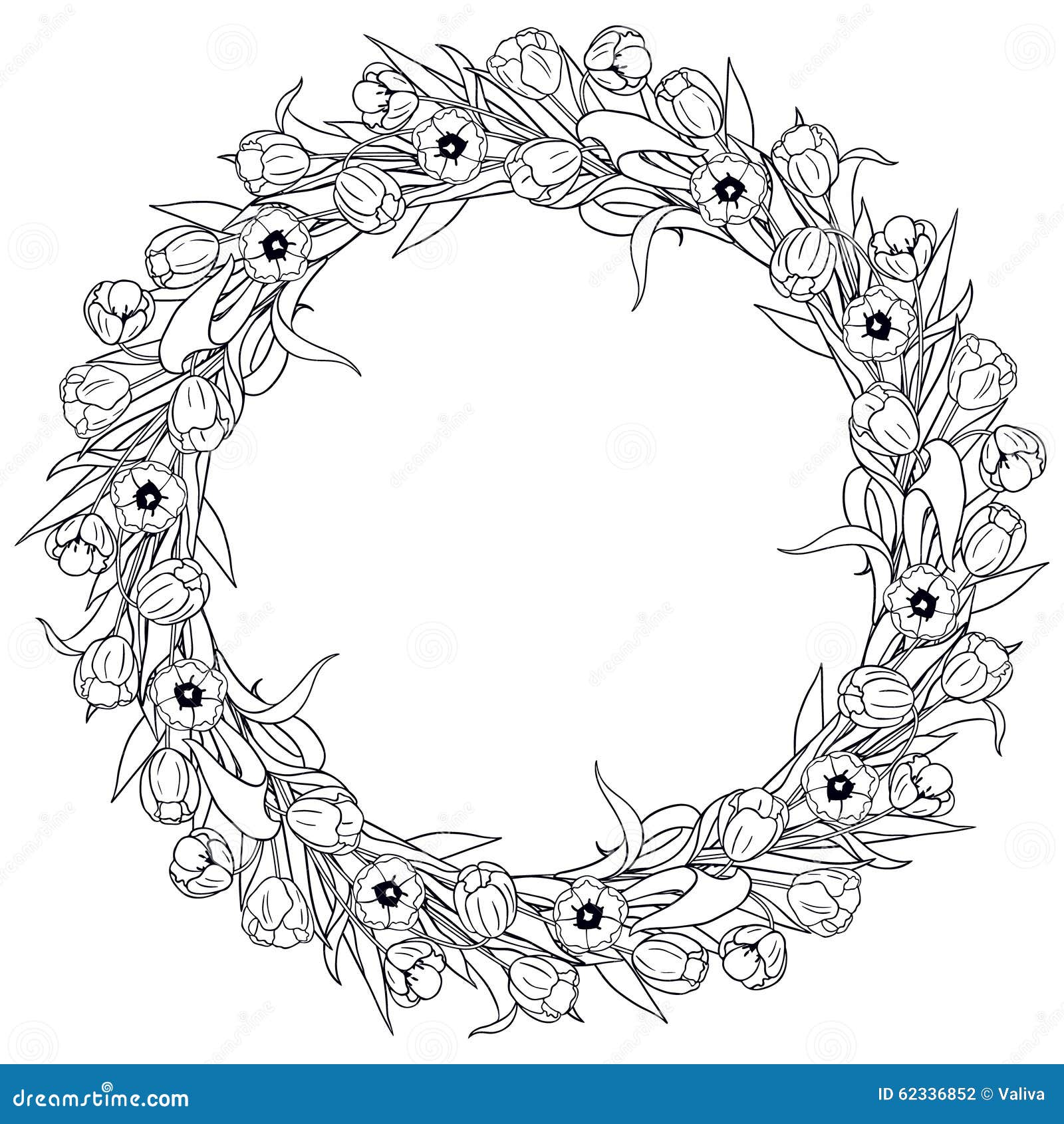 stock illustration round tulips frame hand drawn white contoured wreath coloring image