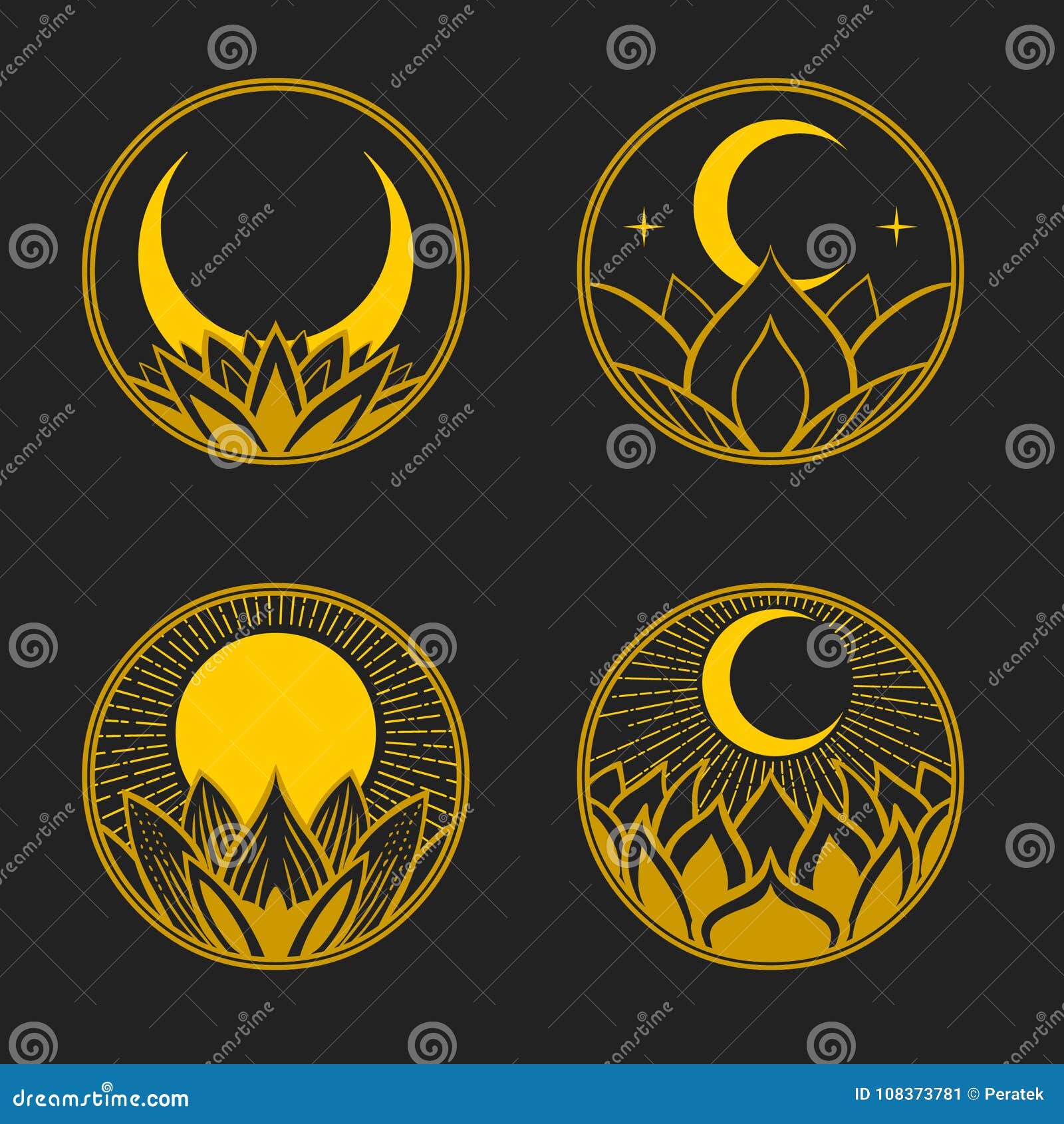 Set of Round Badges with Lotus, Moon and Sun. Vector Hand Drawn ...