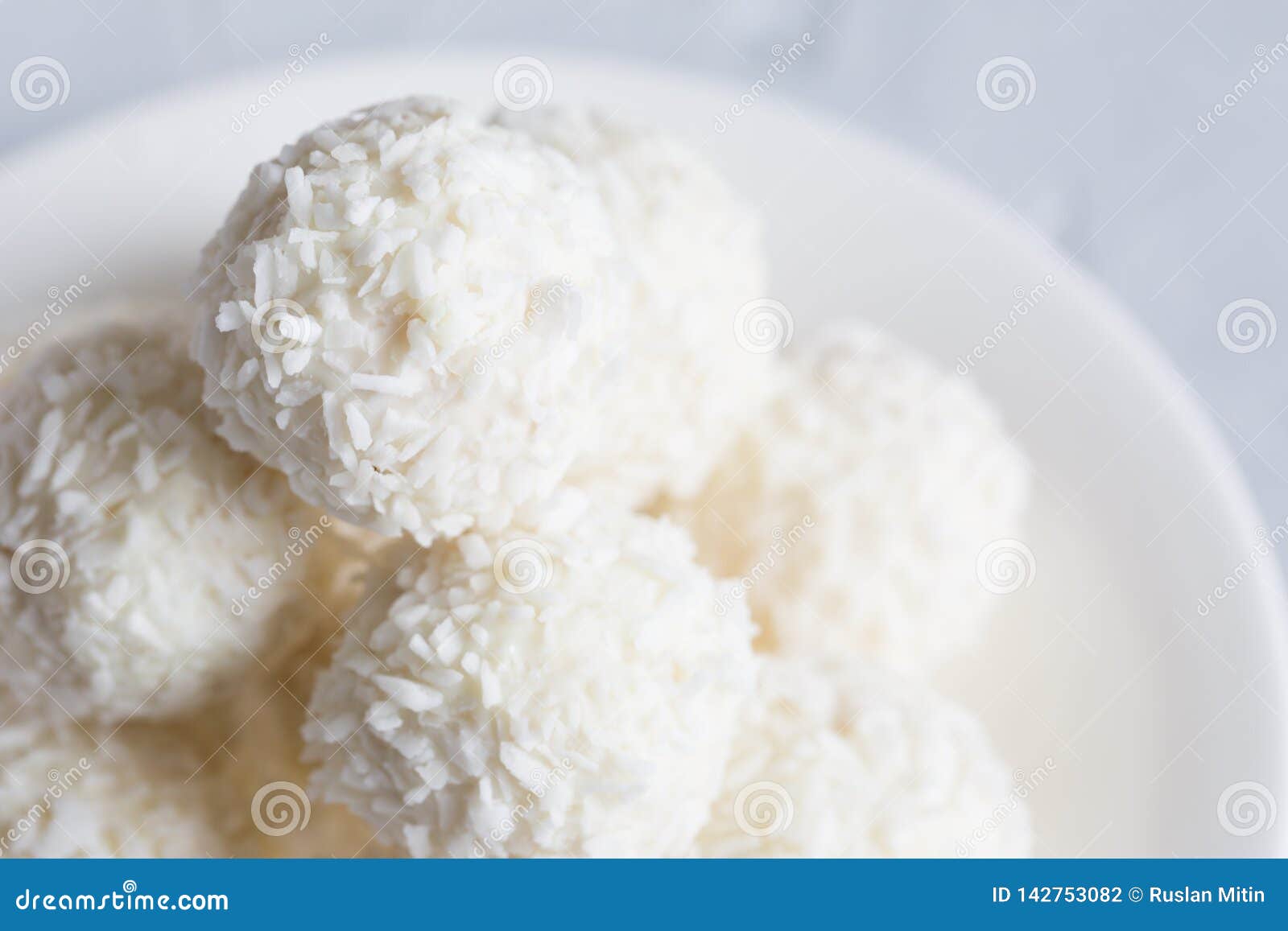 Round, White Candies in Coconut Flakes Stock Photo Image of