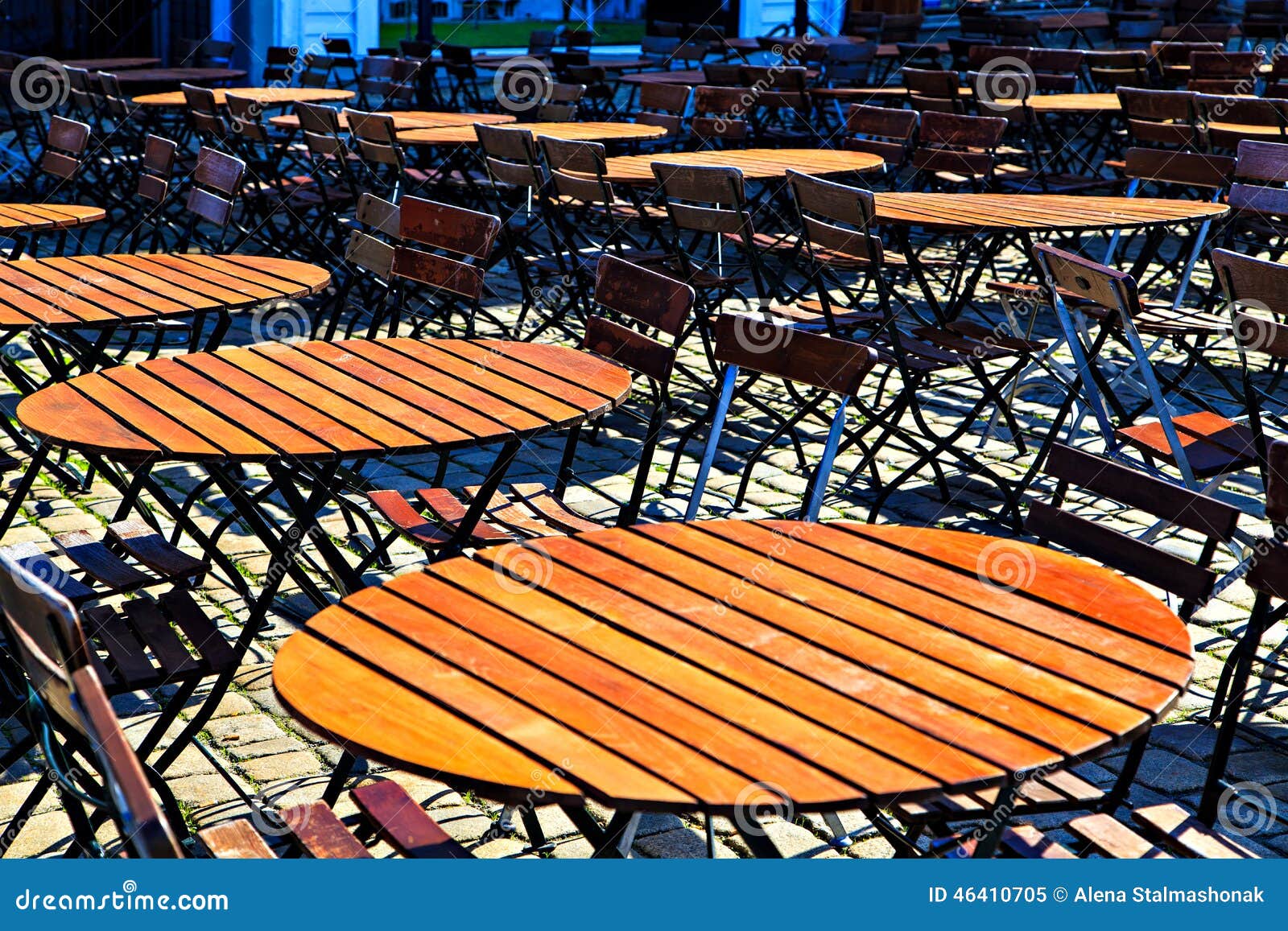Round Wooden Table and Chairs in Line Stock Image Image of group