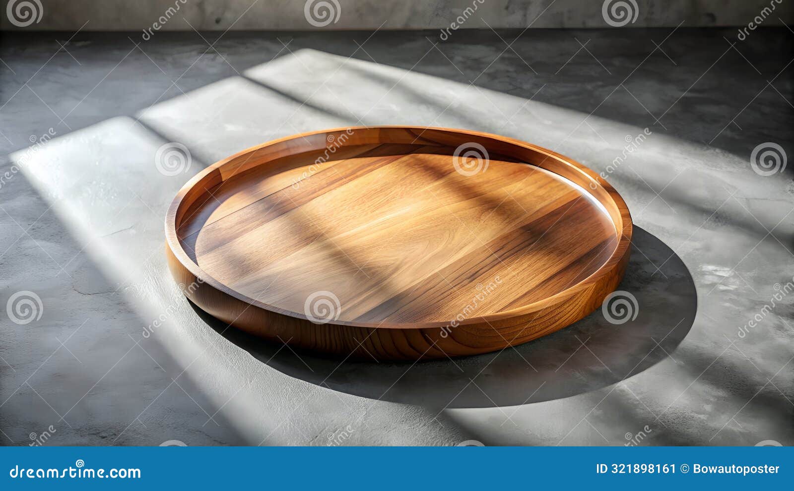 round wooden tray or plate on a concrete table. kitchen utensils. top view