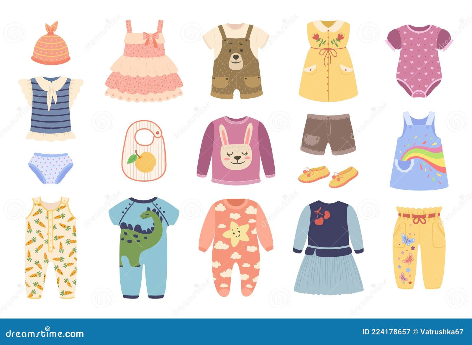 Roupa De Bebê. Vestuário Para Recém-nascidos. Sapatos De Pijamas De  Macacão. Vestuário De Moda Para Crianças Fofo E Ilustração do Vetor -  Ilustração de dinossauro, urso: 224178657
