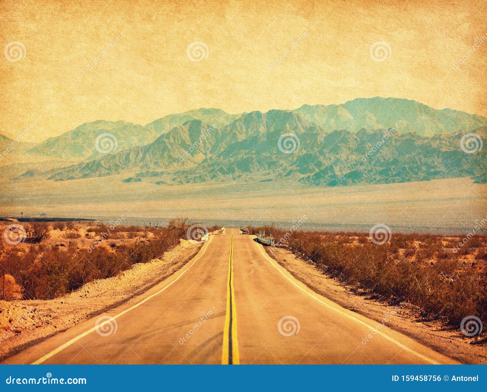 route 66 crossing the mojave desert, california, united states.  photo in retro style. added paper texture. toned image