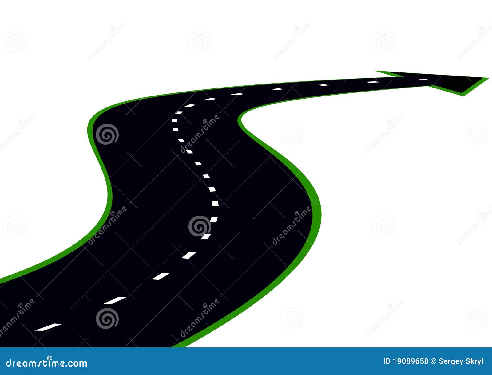 Une route d'enroulement avec marquage routier et une flèche indiquant le sens. La route s'étend dans la distance.