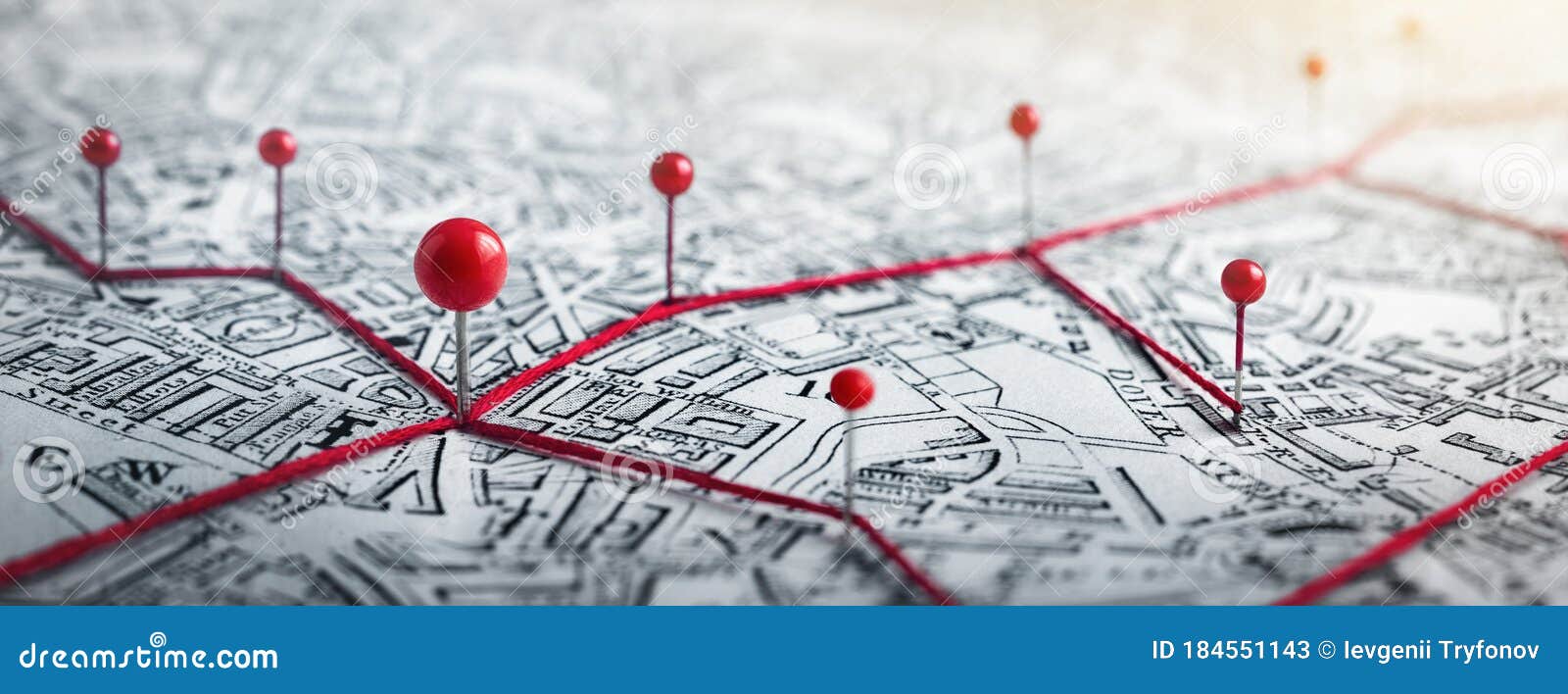 routes with red pins on a city map. concept on the  adventure, discovery, navigation, communication, logistics, geography,