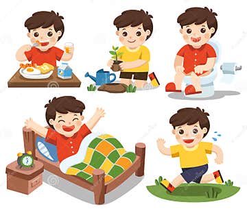 The daily Routine of a Cute Boy on a White Background. Stock Vector ...