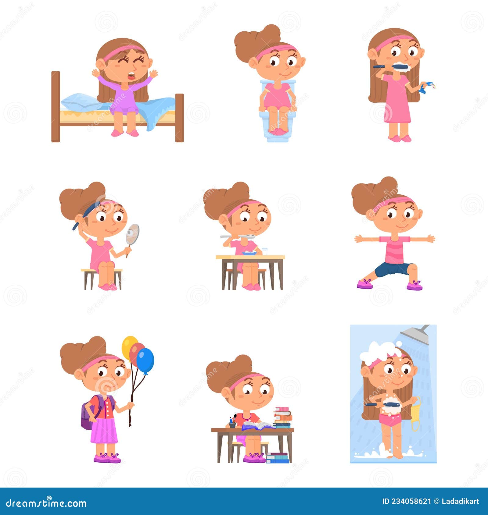 Routine Quotidienne Des Filles. Mignon Enfant Activité Jour Vie Scolaire.  Réveil Du Bébé Et Hygiène Du Bain Du Matin. Enfant De Se Illustration de  Vecteur - Illustration du mignon, enfant: 234058621