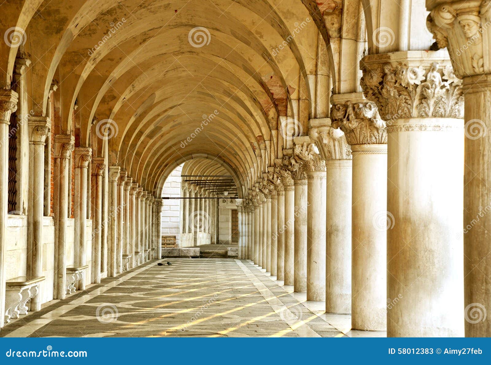 row of arches underneath the doge's palace in piazza san marco in venice. the famouse place in venice