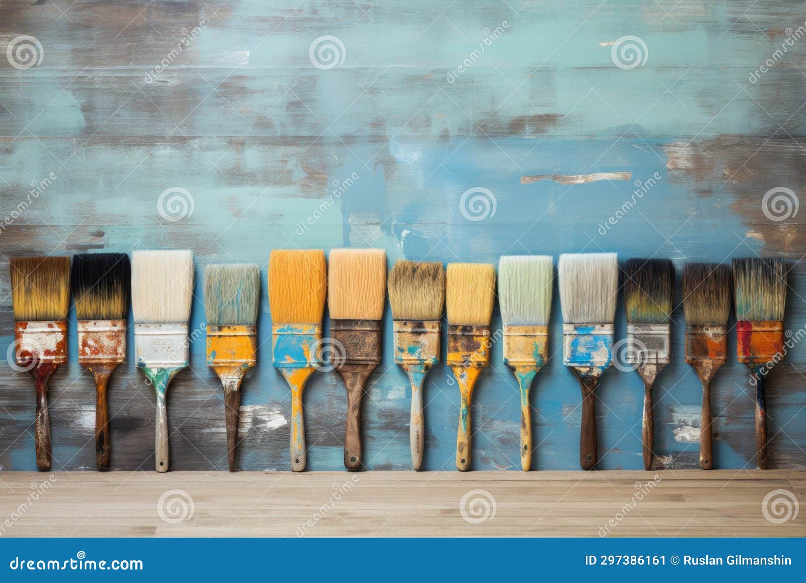 Row Artists Paintbrushes Against Natural Canvas Stock Photo 49215382