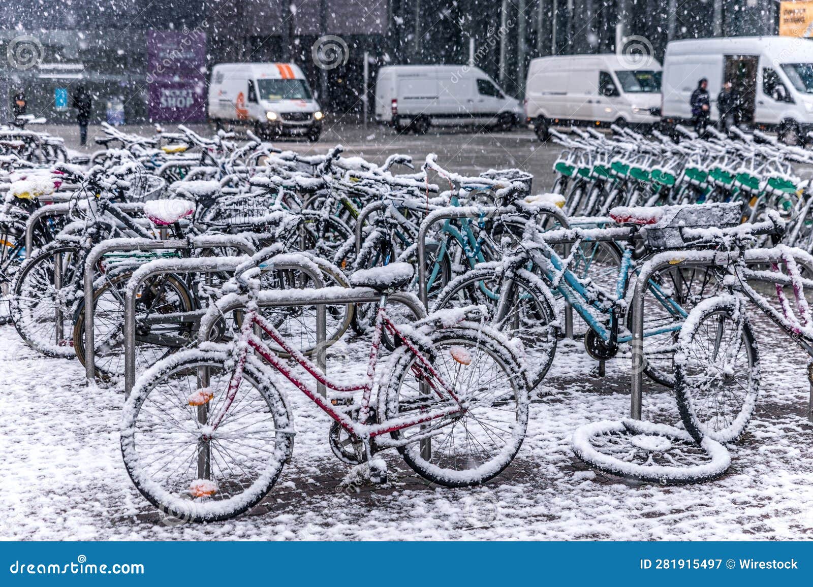 Row of Bicycles, Parked in Front of a Building, are Covered in a Layer