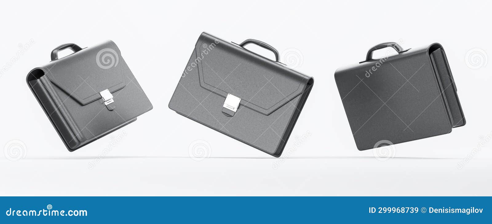 Row of Black Briefcase from Different Angles on Light Background Stock