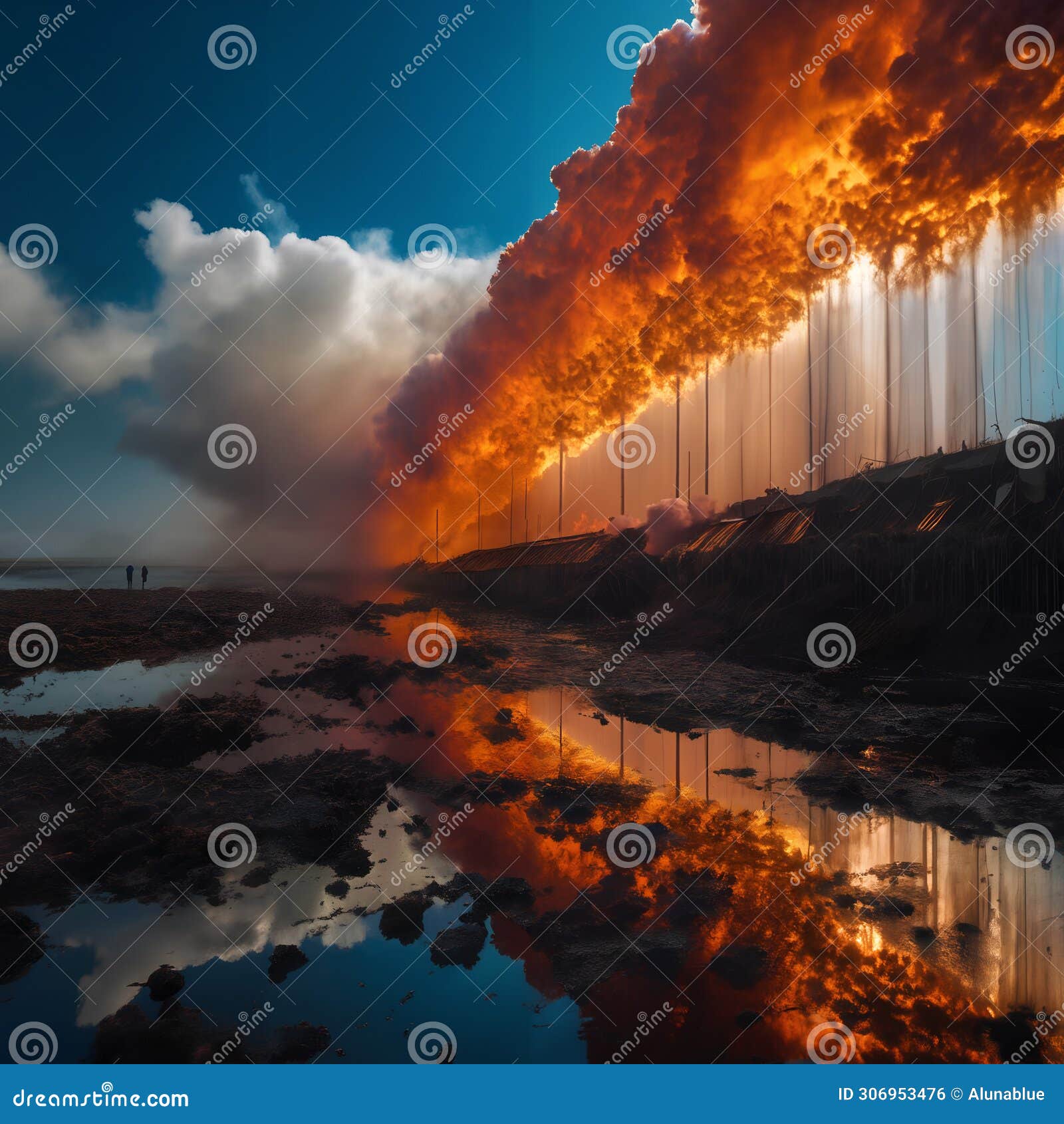 A Row of Burning Palm Trees, Symbolizing Global Warming. Stock Photo