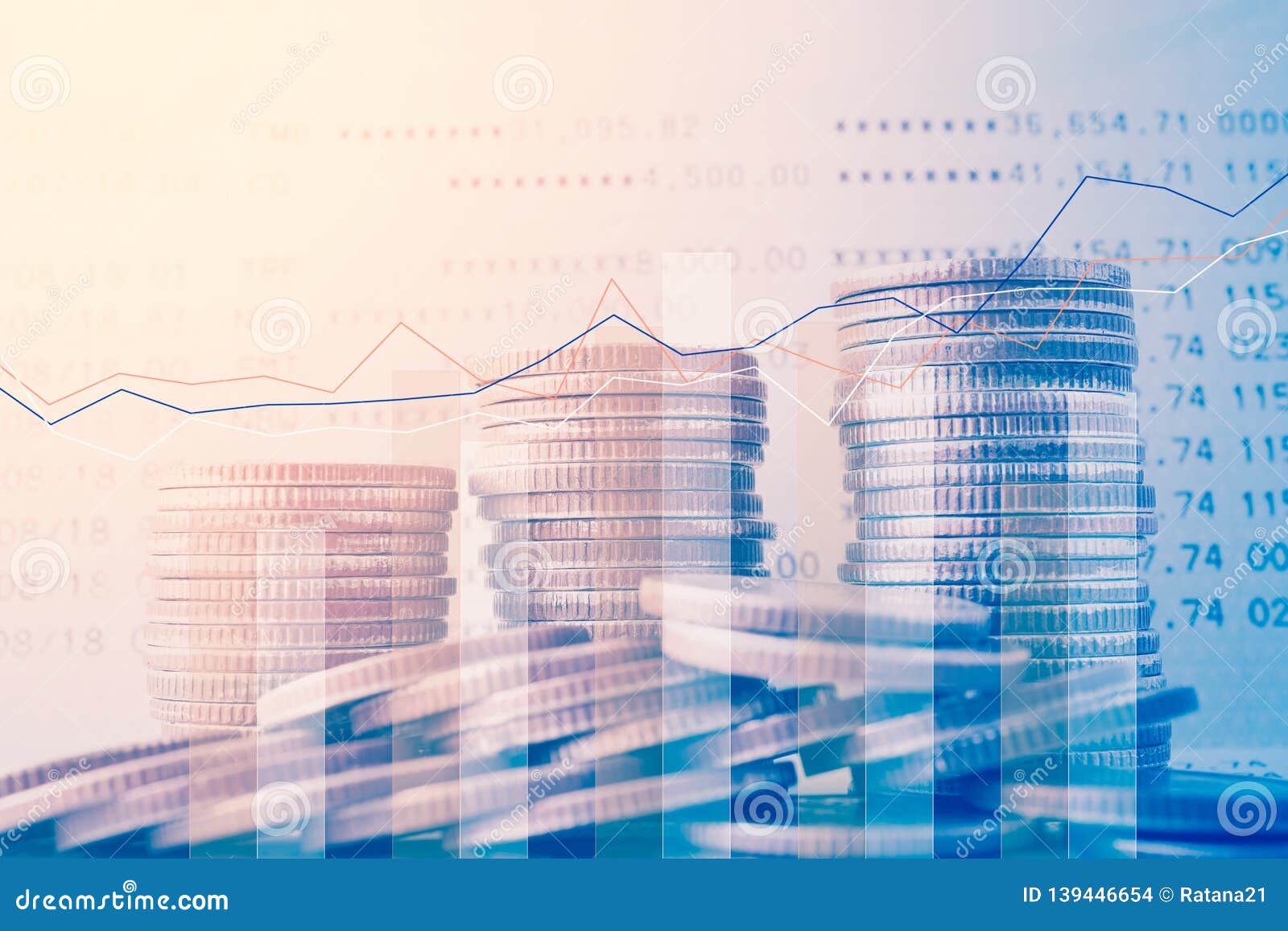 Row of Coins and Bank Book with Graph, Business and Finance Background  Stock Photo - Image of graph, benefit: 139446654