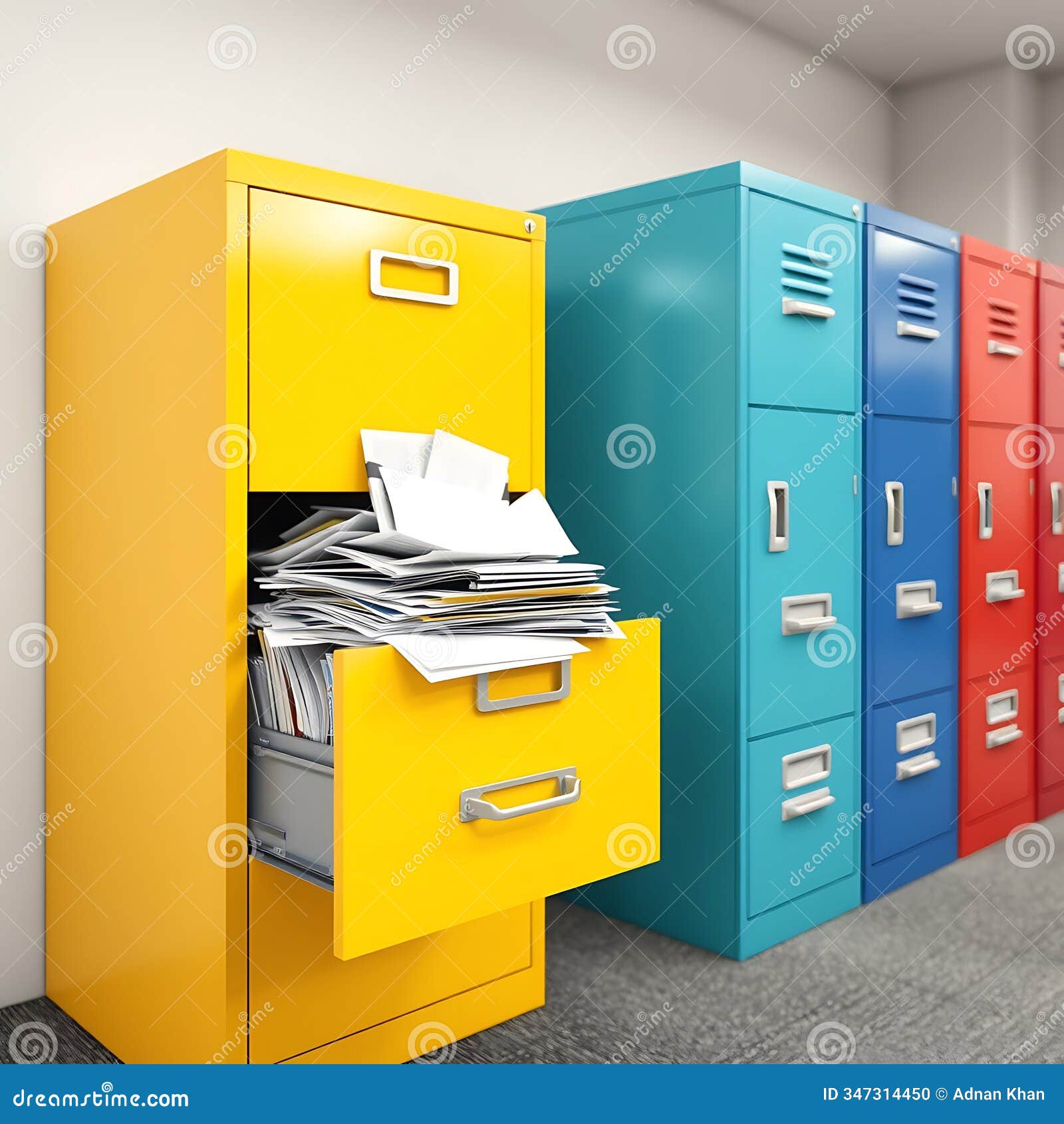 a row of colorful filing cabinets in an office with bright yellow blue and red cabinets against a neutral backgrounda cluttered