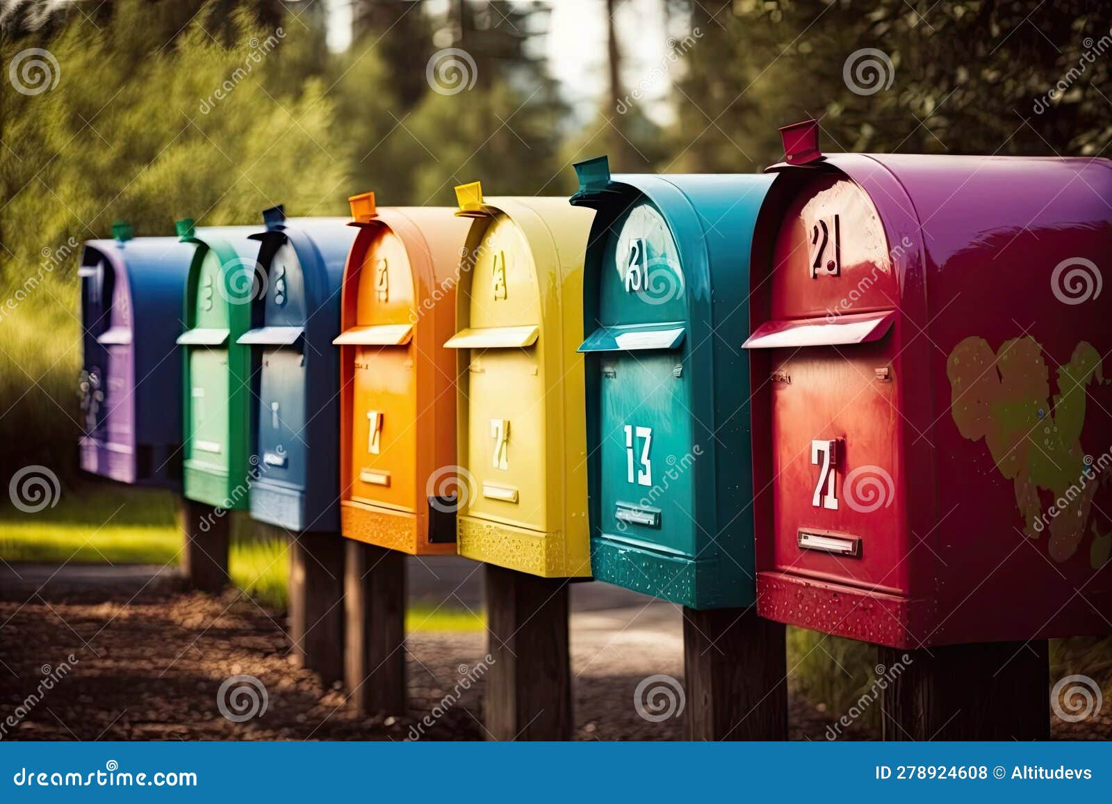 A Row of Colorful Mailboxes with Each One Unique in Its Own Way Stock
