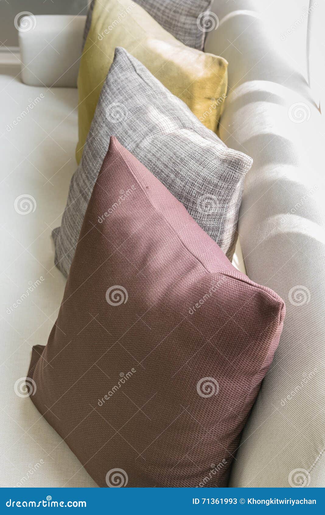 Row of Colorful Pillows on White Sofa Stock Image Image of comfort