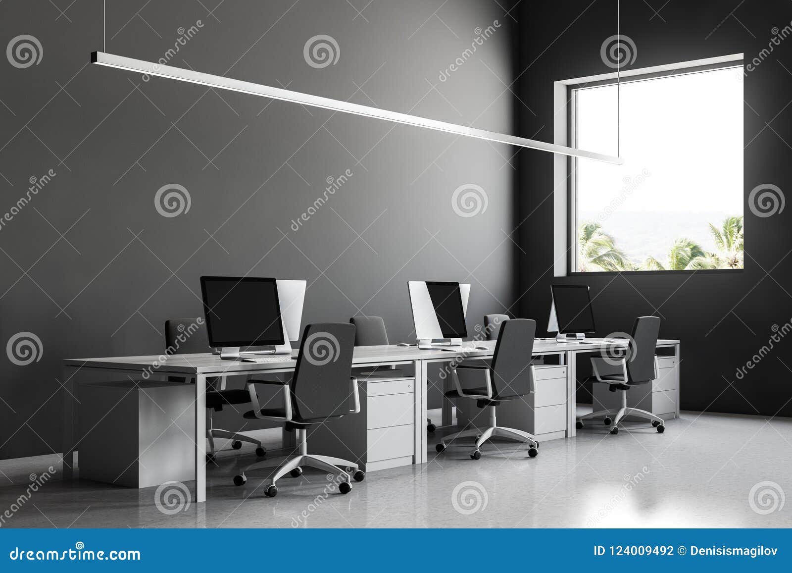 Row Of Computer Desks In Gray Office Side View Stock Illustration
