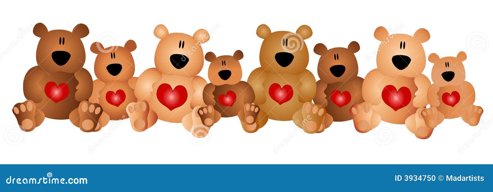 row of cute teddy bears with hearts