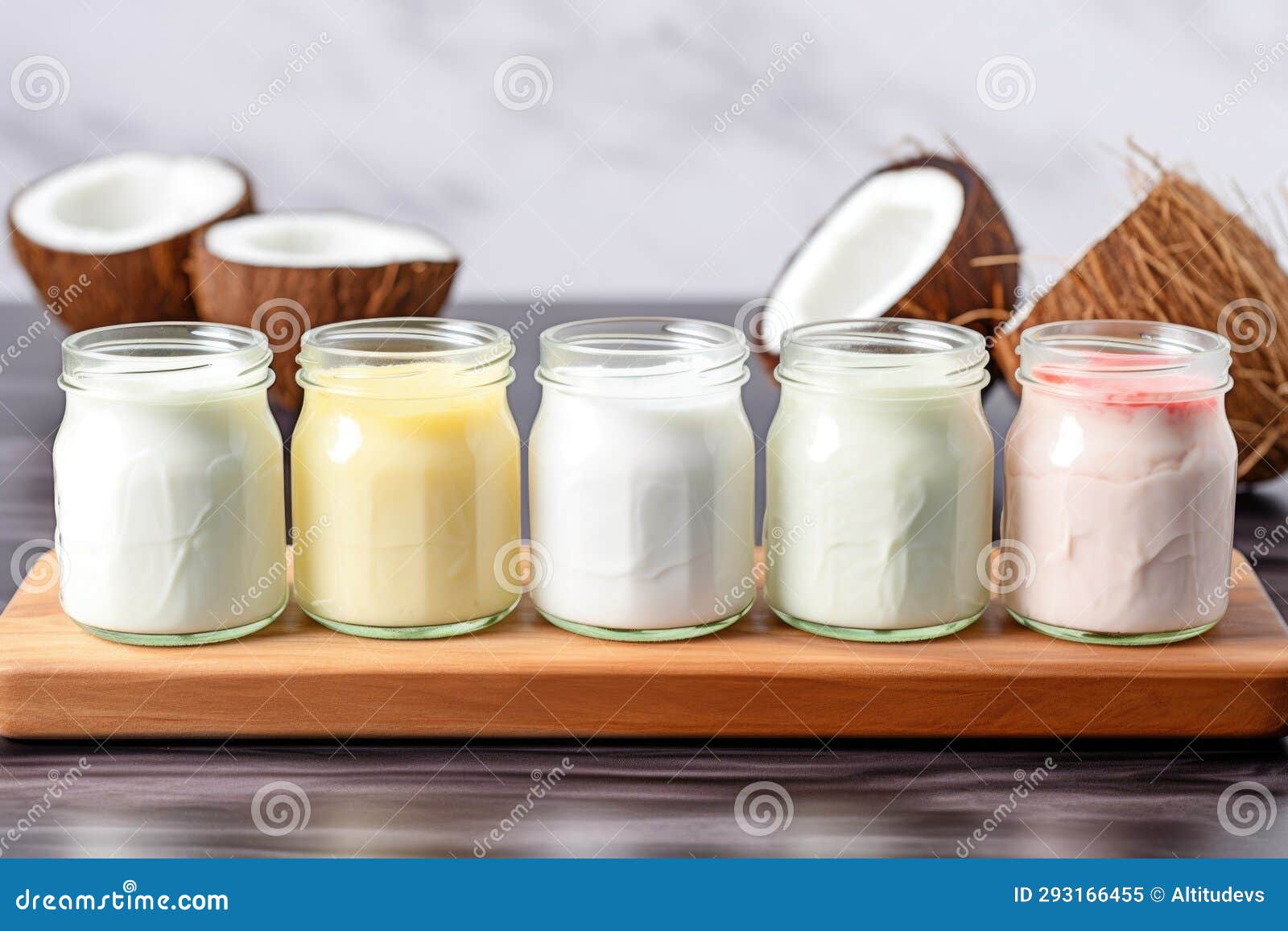 A Row of Different Flavors of Coconut Yogurt in Small Glass Jars Stock Image Image of food
