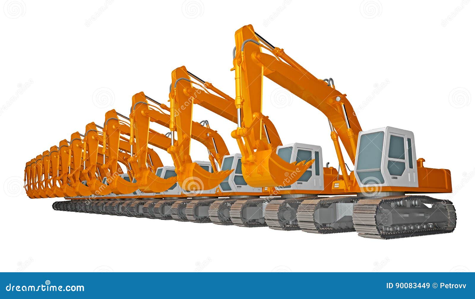 Row of Excavators Isolated on White 3d Rendering Stock Illustration Illustration of parked
