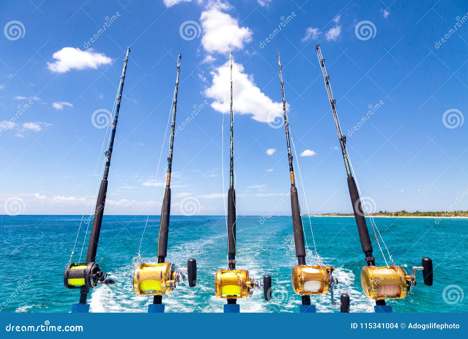 row of deep sea fishing rods on boat