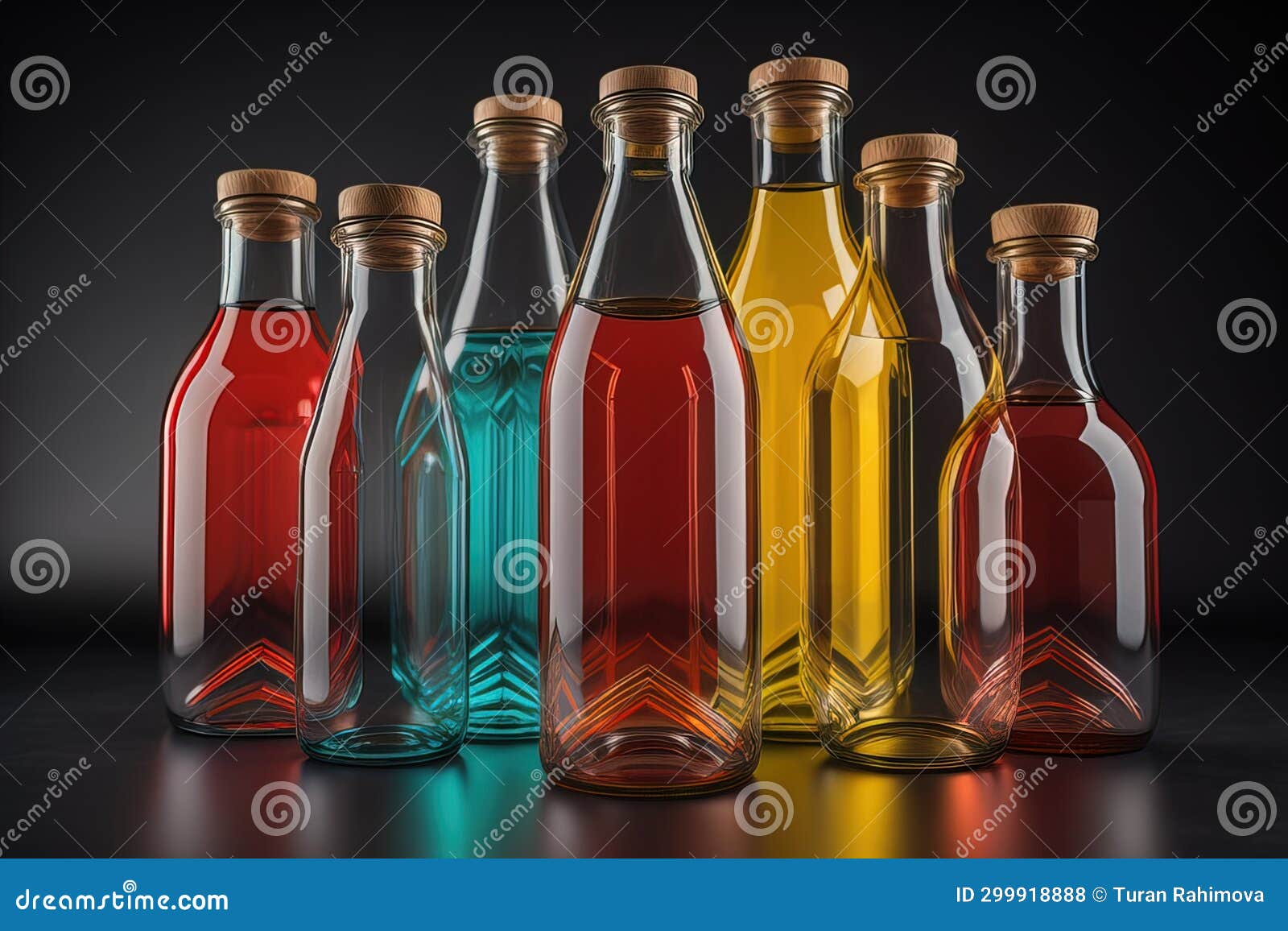 a row of glass bottles with colored liquid. ai generative