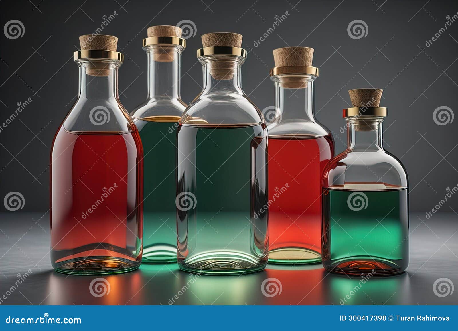 a row of glass bottles with colored liquid. ai generative