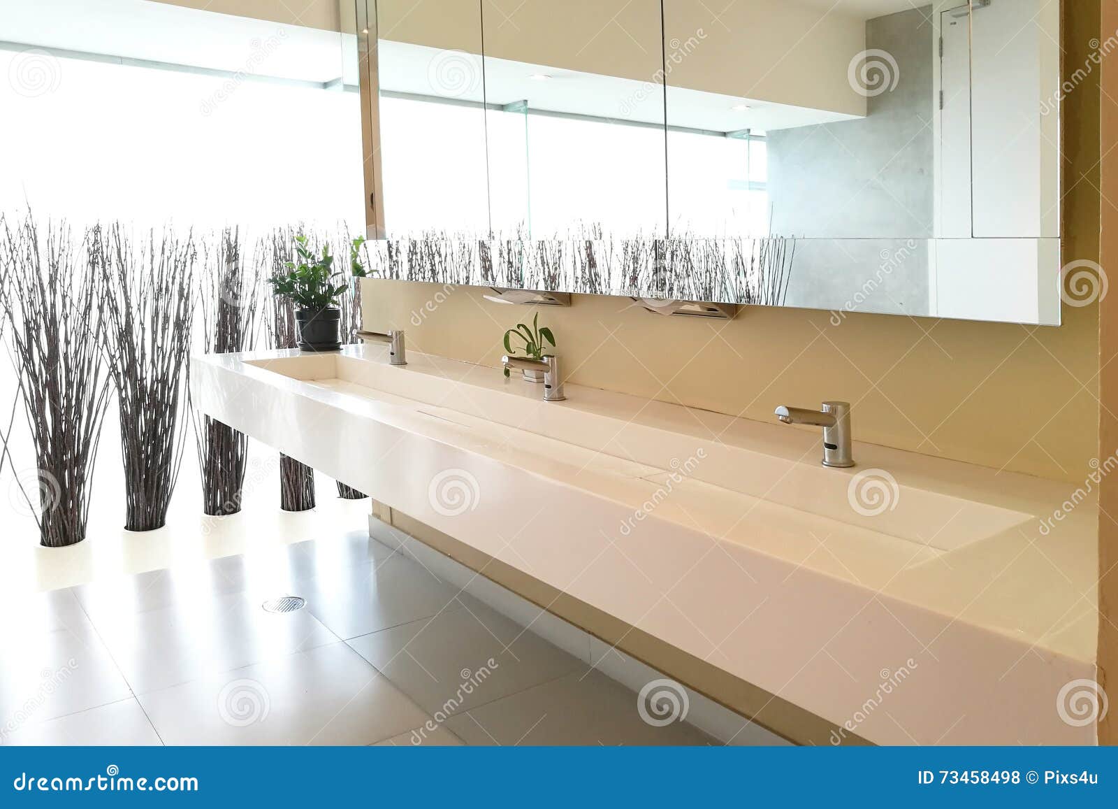 Row of Hand Washing Sinks in Modern Public Toilet Stock Photo Image