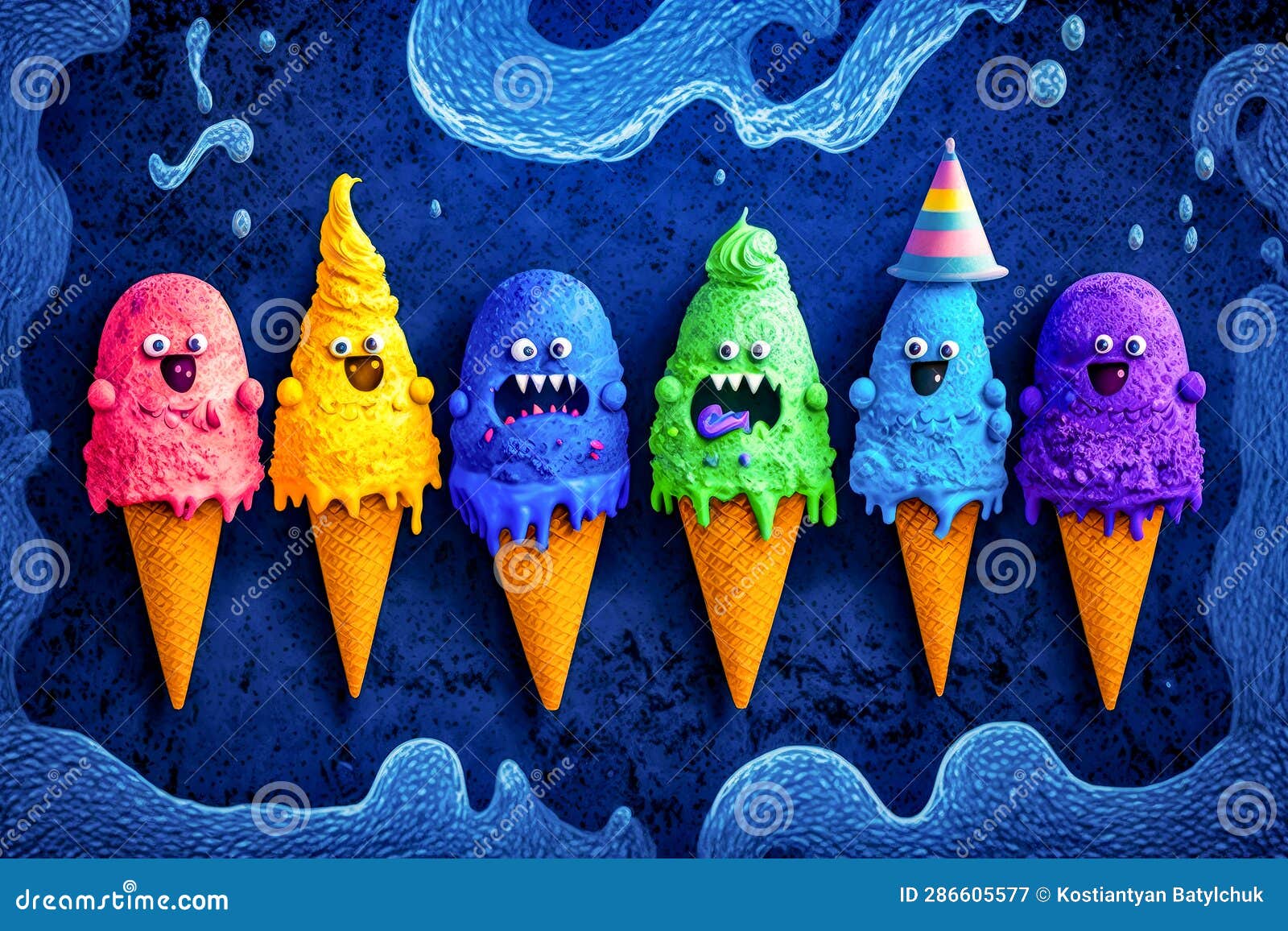 Row of Ice Cream Cones with Different Colored Ice Cream Cones on Them