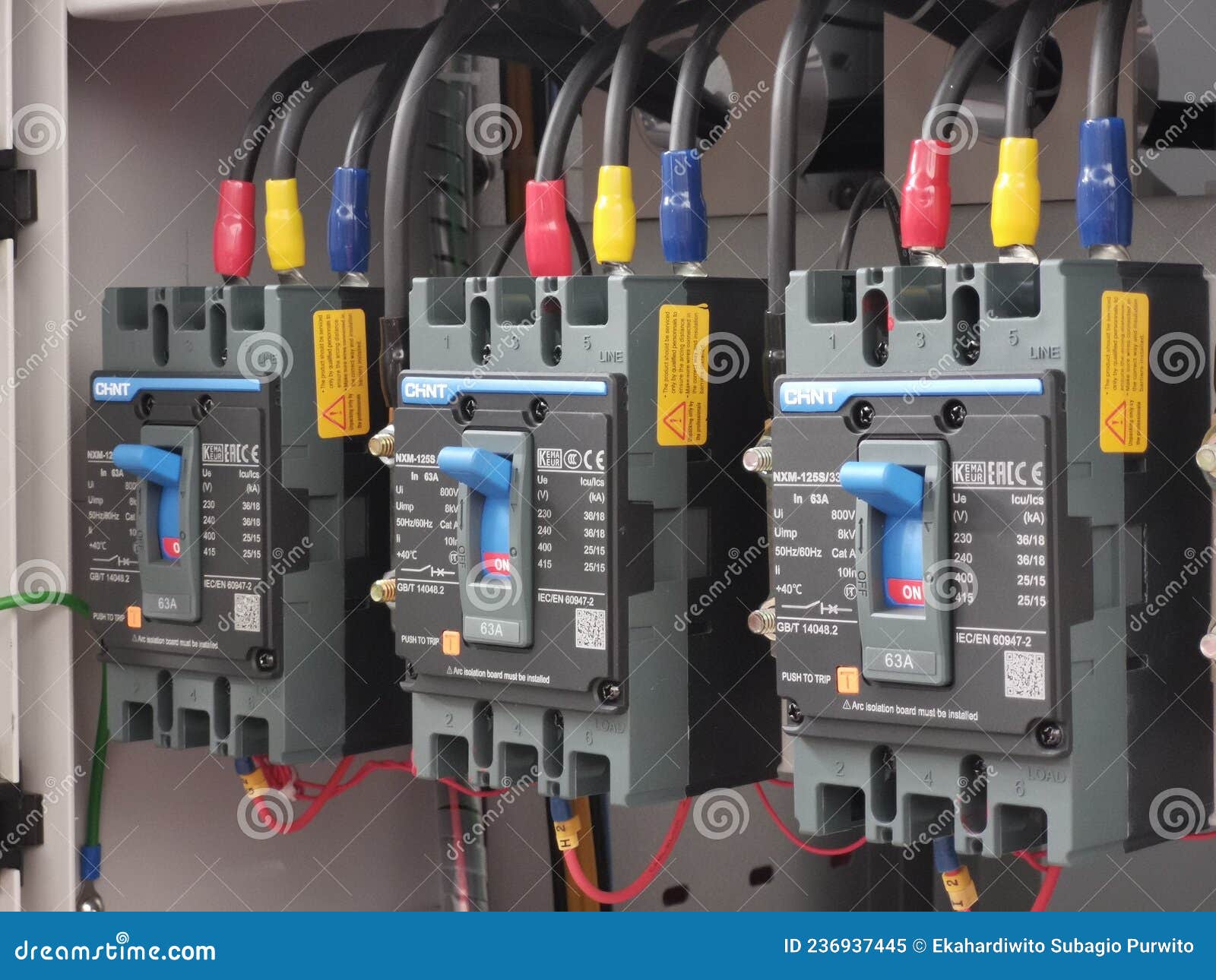 A Row of Mccb Mount on Electrical Switchboard in Factory. Mould Case