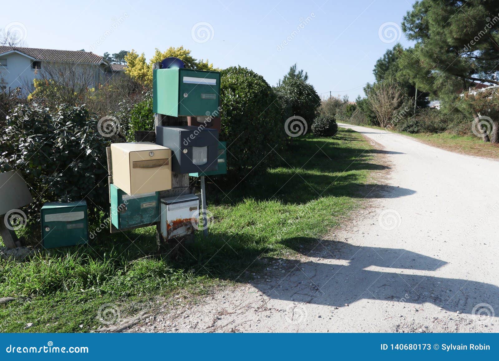 Row of Metal and Plastic Several Mailboxes on the Side Along the Road Stock Image Image of