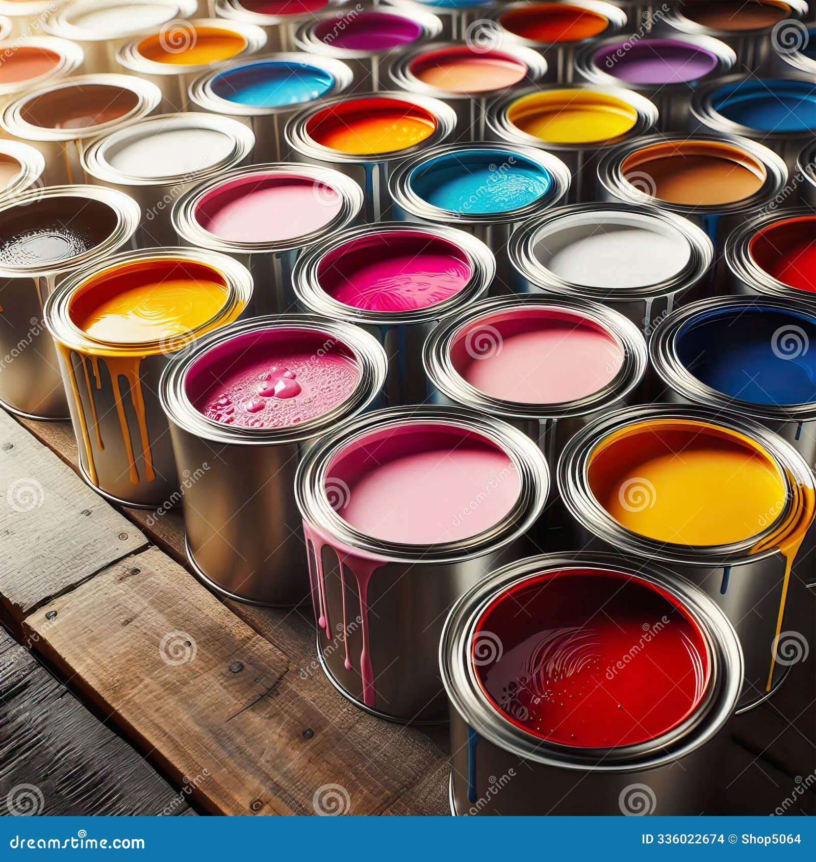 row of paint cans filled with various color