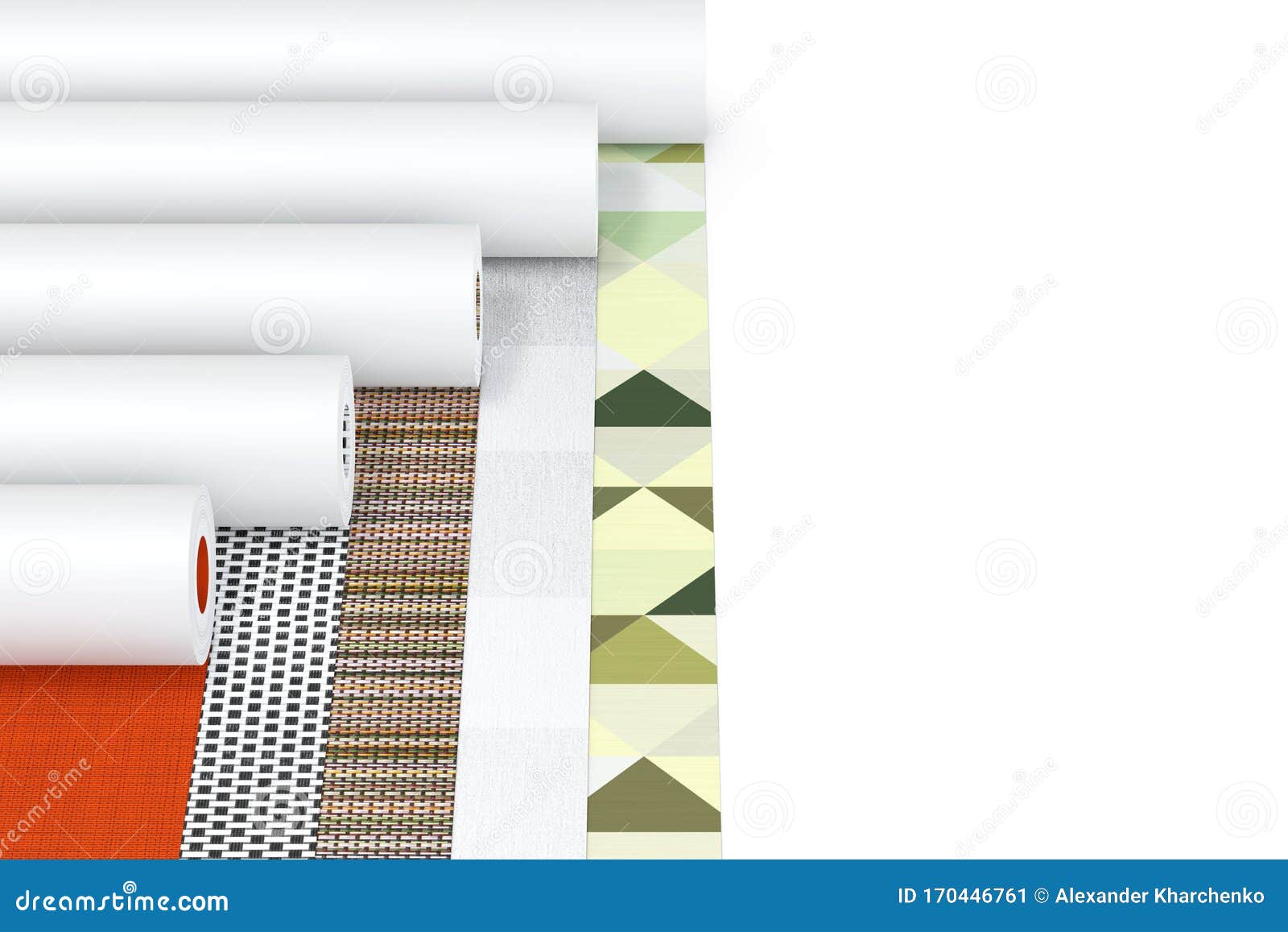 row of paperhanging wallpaper paper rolls with abstract print. 3d rendering