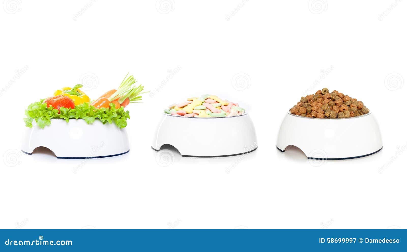 row of 3 pet food bowls